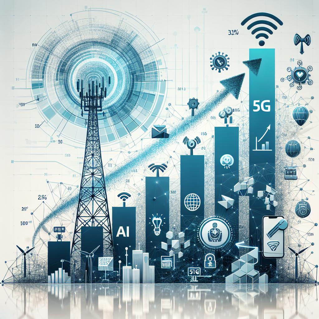 Graphical representation of the evolution of telecommunications technology, emphasizing the transition to Arm-based solutions symbolizing innovation and energy efficiency in the sector. The image is featuring in vectorial, flat, and corporate style. For the image background, a textureless white color is used, with a 2D Linear perspective. Further elements to include in the image are growth charts, illustrating the growth of the telecommunications market, icons of 5G and AI representing emerging technologies, and images of a logo representing a fictional tech brand to highlight the brand.