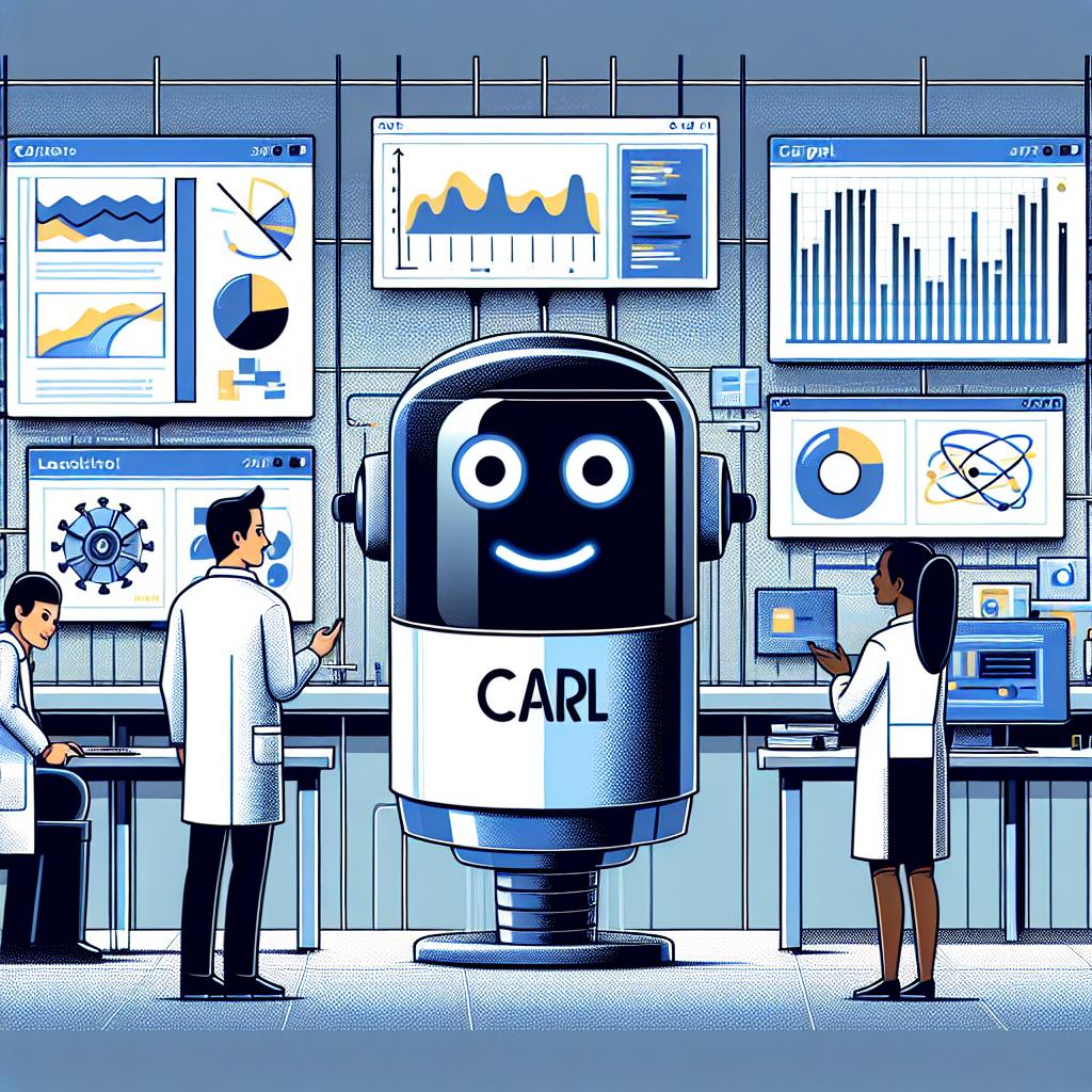 Create a 2D linear perspective image in a vector-style and corporate color palette on a white and textureless background. Show us Carl, personified as a robot in a laboratory setting. Carl interacts with two scientists, a Caucasian male and a Black female, illustrating technology's human interaction. In the setting, there are screens presenting the analysis of information and the resulting data, along with various charts that visually represent the outcomes of the researches.