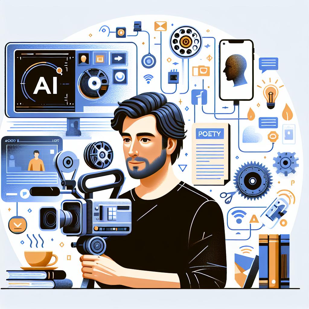 Create a 2D, vectorial flat image inspired by corporate visuals. The scene illustrates a Caucasian, male videomaker in an innovative, artistic environment surrounded by filming equipment, representing his cinematographic base. Beside him, there's a screen showing AI graphics, symbolizes the technology integration in his work. In the background, place a few poetry books, emphasizing his focus on poetic narratives. Also, add a smartphone with social media connections, exemplifying his digital interactions. Maintain a clean, white, and textureless background.