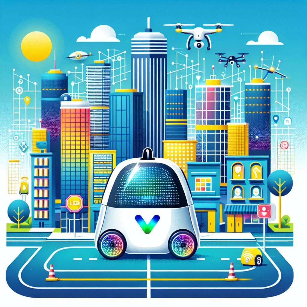 Create an image in a flat, corporate style using a 2D, linear perspective. Set in a vibrant, modern city with tall buildings under a clear blue sky. In this futuristic illustration, centralize a robot taxi that resembles Waymo's model which has graced the streets of cities like San Francisco and Los Angeles. Include technological icons such as smartphones and drones to depict technological innovation and its integration into everyday life. Use bright, vibrant colors to illustrate the dynamism of technology and LED lights to represent the modernity and intelligence of new tech innovations. The image should be on a white, texture-less background.