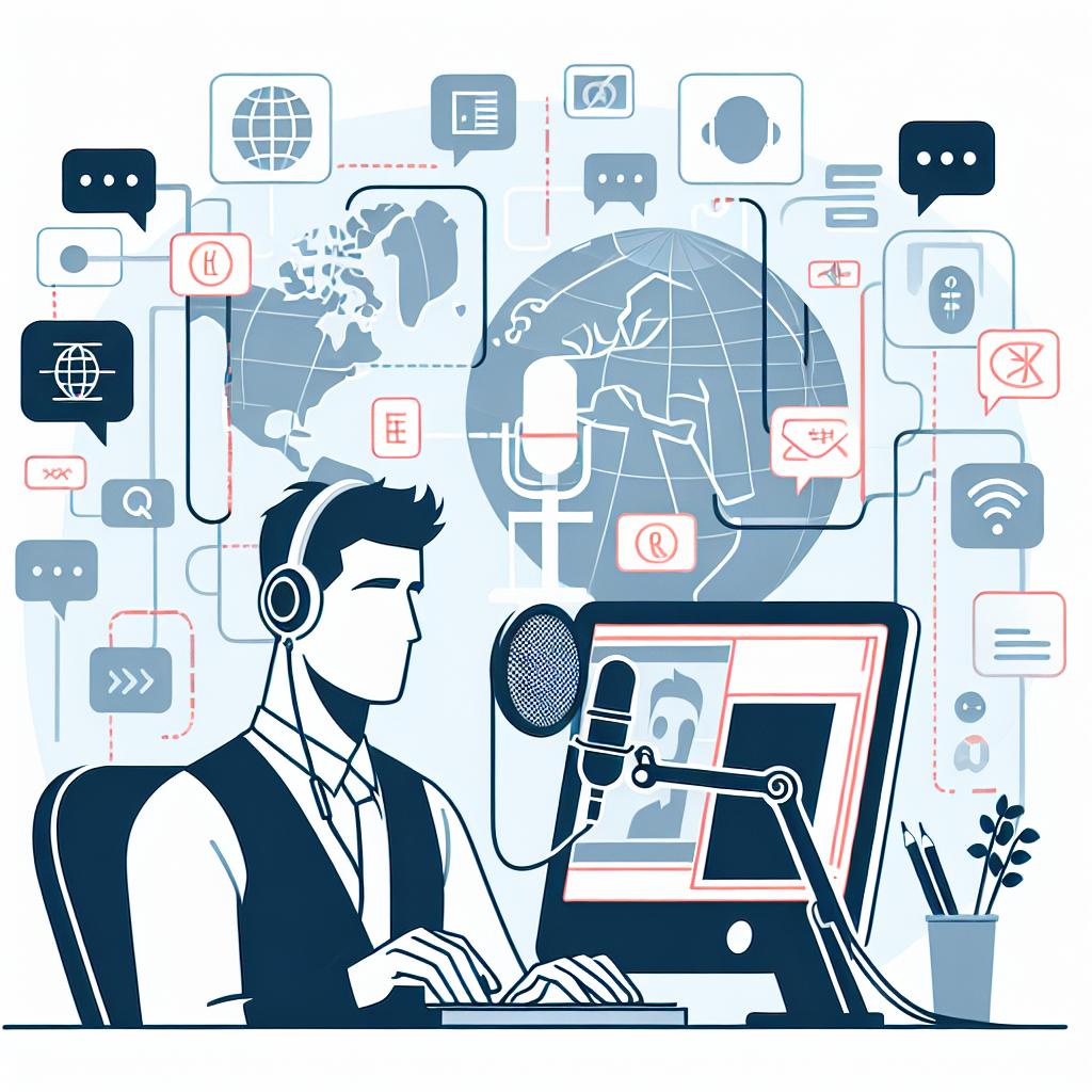 Illustrate an image in a vector, flat and corporate style depicting an online influencer, of an unspecified ethnicity and gender, in a 2D linear perspective, recording a video in front of a computer with a microphone. The illustration should show numerous language icons floating in the background, symbolizing multilingual dubbing. The color theme should be featureless white background. Besides, incorporate a representation of a global map, demonstrating the worldwide reach of the digital content.