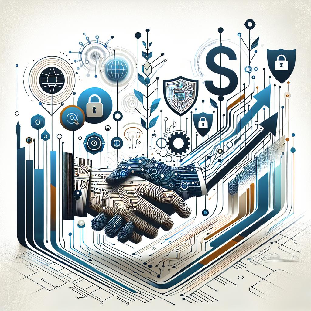 An abstract graphic composition in a corporate flat vector style on a white, untextured background in 2D linear perspective. It should depict the tension between innovation and regulation with elements representing technology, cybersecurity, and legal interactions. Thoughtfully integrate images of computer circuits symbolizing advanced technology, security shields for data protection and cyber-security, and legal documents to illustrate the regulatory and legal aspect of the process. An upward-enhanced graph signifies growth and innovation. Lastly, depict interlocking hands to represent the necessary collaboration between sectors.