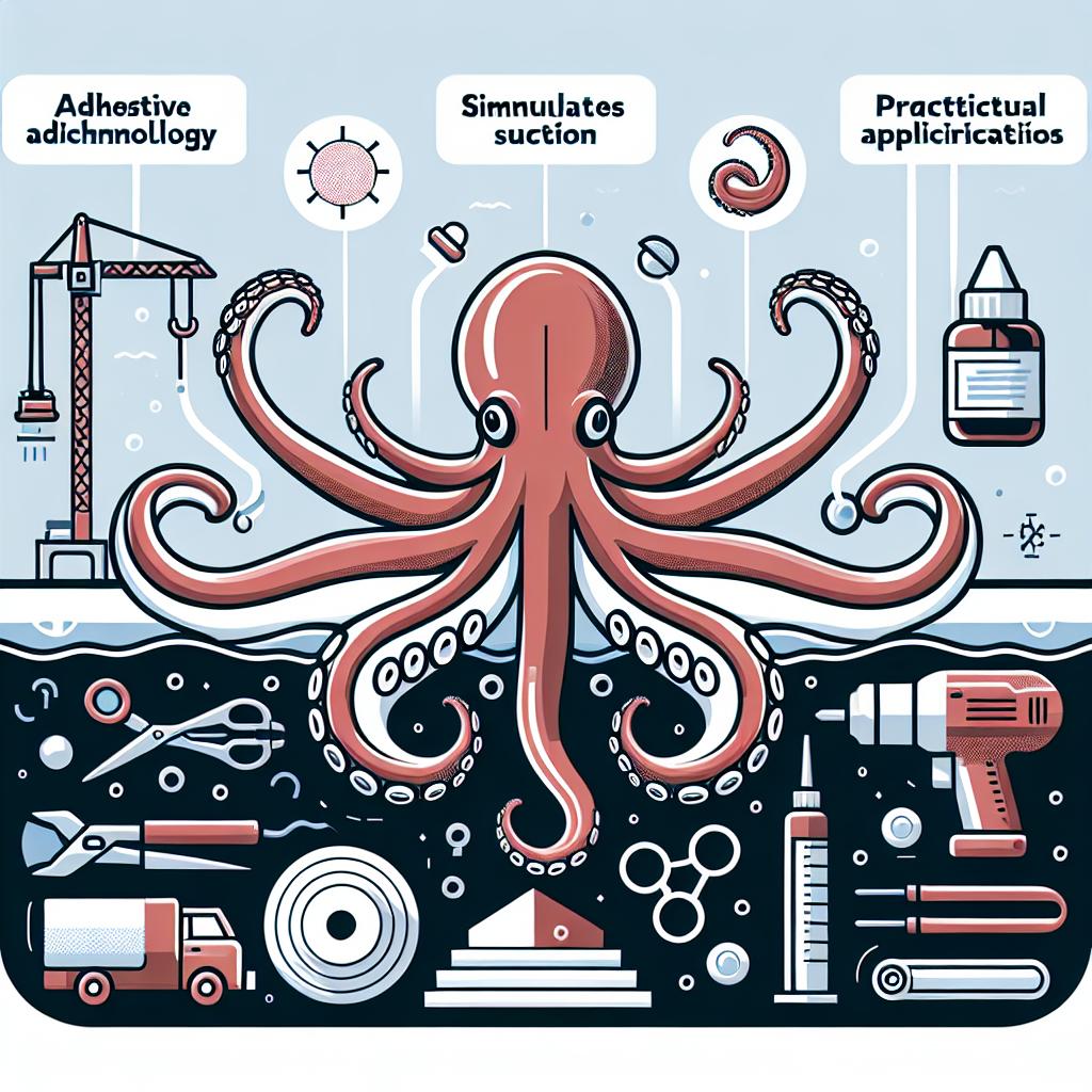 Create a 2D, flat and corporate-style vector illustration. The image showcases a new adhesive technology inspired by the suction power of octopus tentacles, with a focus on how the technology simulates suction. The background is plain and white. Illustrate the octopus tentacles to represent the natural inspiration for this technology. Include submerged objects to highlight the applicability of the adhesive in aquatic environments, alongside construction tools to demonstrate practical applications in construction. Also, showcase a surgical environment to illustrate its potential use in medical procedures.