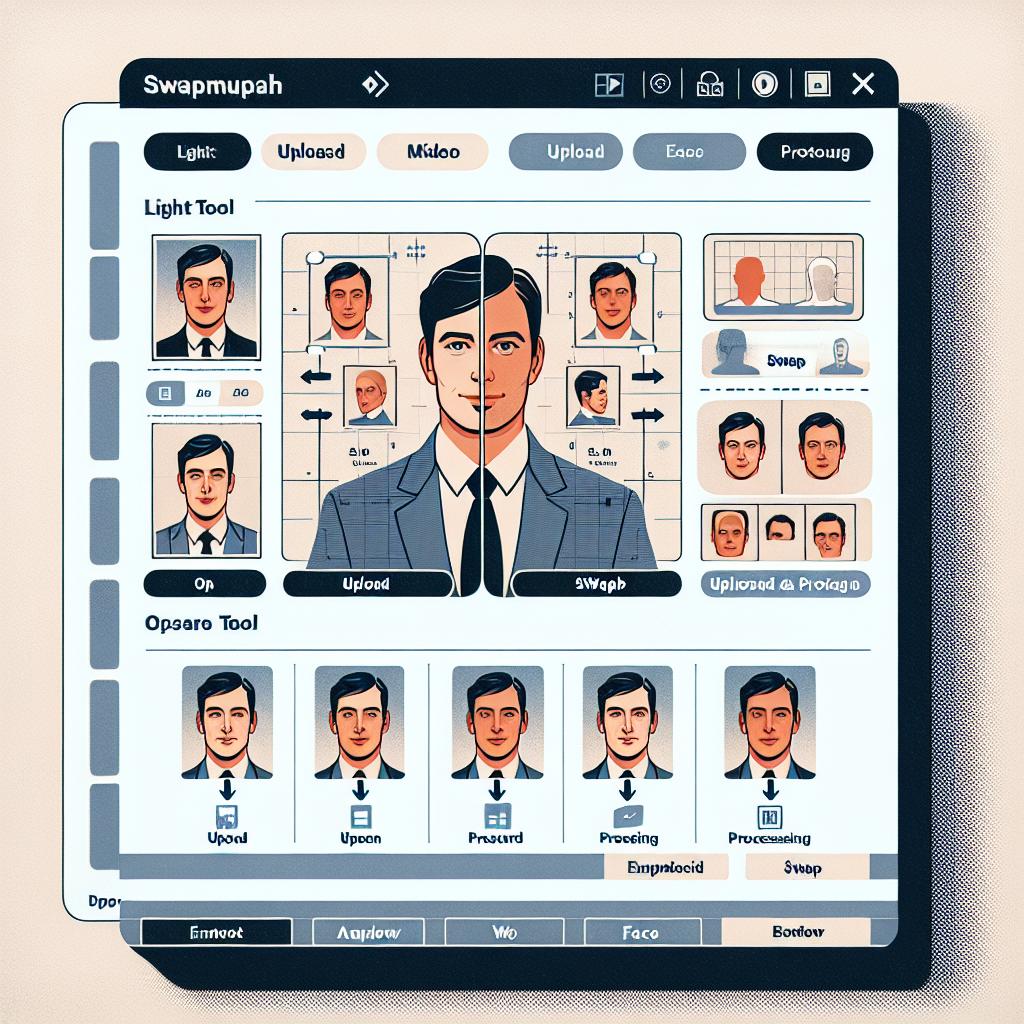A flat, corporate-style, vector illustration of the interface of the AI-based face-swapping tool, SwapMukham, launched on 18th February 2025. It's a light tool with an intuitive interface requiring no prior setup, ideal for users interested in exploring image and video editing. The image shows the operational interface, showcasing various faces being swapped in an organized and accessible layout. Key features include options for upload and processing. The image is projected in a 2D, linear perspective against a textureless, white background. The primary elements include faces which illustrate the main functionality of the software, a 'Swap' button highlighting the simplicity of the process, and a user-friendly interface showcasing the ease of using the tool.