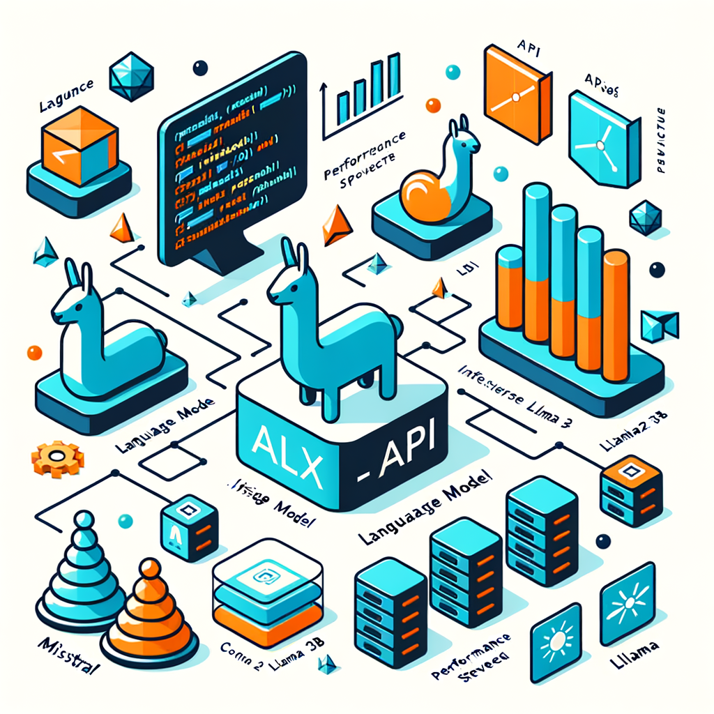Create a 2D, flat-style, corporate vector illustration on a white, textureless background. The image should depict an API interface symbolizing the user-friendliness of the pplx-api. Several large language model (LLM) icons represent specific open-source models such as Mistral 7B, Llama2 13B, and Code Llama 34B. These models are connected to the API, illustrating easy integration. Include performance charts to indicate the inference speed and use speed symbols to represent the low latency of the API. Also, depict servers and infrastructure to reflect the robustness and scalability of the API.