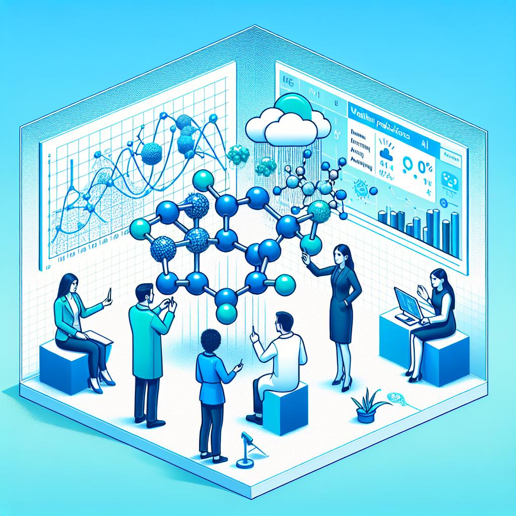 Create an image in 2D, linear perspective with a vector style using bright shades of blue and green. The setting is a plain white backdrop with no textures. At the center of the scene, molecular representations are being put together and examined with the help of artificial intelligence. This demonstrates how new AI models can potentially speed up scientific breakthroughs in various fields. Include a graph depicting weather predictions indicating the predictive abilities of AI. Around these central elements, illustrate various professional figures such as a Middle-Eastern female student and a Caucasian male researcher to represent the accessibility of science through AI.
