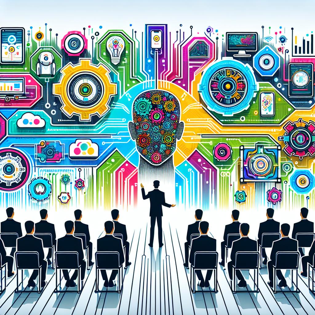 Create a 2D, flat, and corporate style vector image, with a perspective that is linear. Set against a white and texture-less background. The scene should depict a technologic innovation event. The central character is an Asian male CEO, who is presenting various new artificial intelligence technologies. Include vibrant colors as a representation of innovation and technology within the image. The scene will also have the logo of a Chinese tech giant, used symbolically to emphasize the corporate identity. Incorporate images of technological devices throughout to illustrate the products being presented.