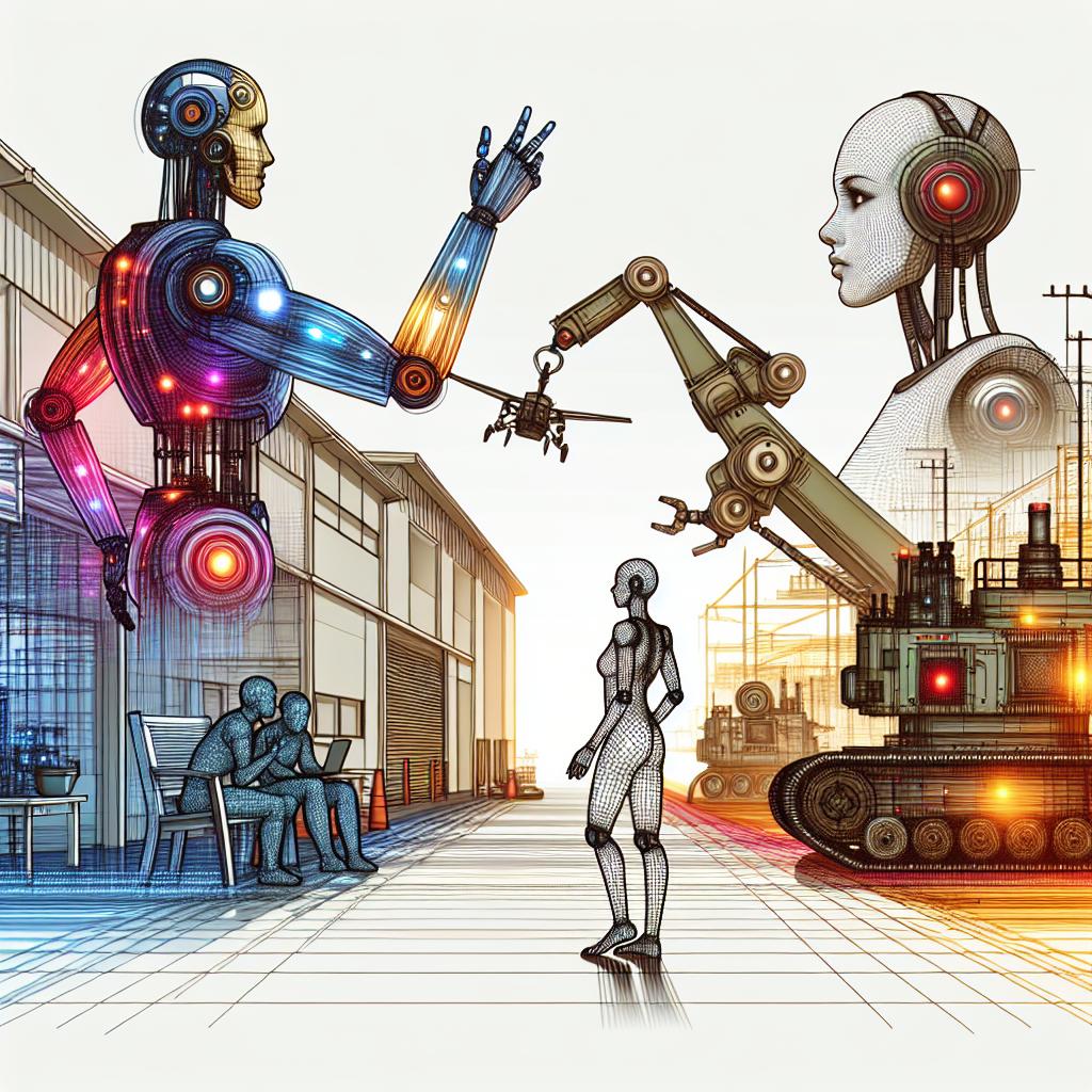 A 2D, linear perspective, vectored and flat and corporate styled image capturing the interaction between humans and robots in Los Altos, California. The image imitates the evolution of robotics in 2025, showcasing humanoid robots in an industrial and militaristic setting against a plain, untextured white background. The robots, symbolizing technological advancement in the industry, are designed to mimic the human form. The industrial environment represents the practical implementation of these technologies. Metallic and vibrantly colored elements are included, representing innovation and modernity.