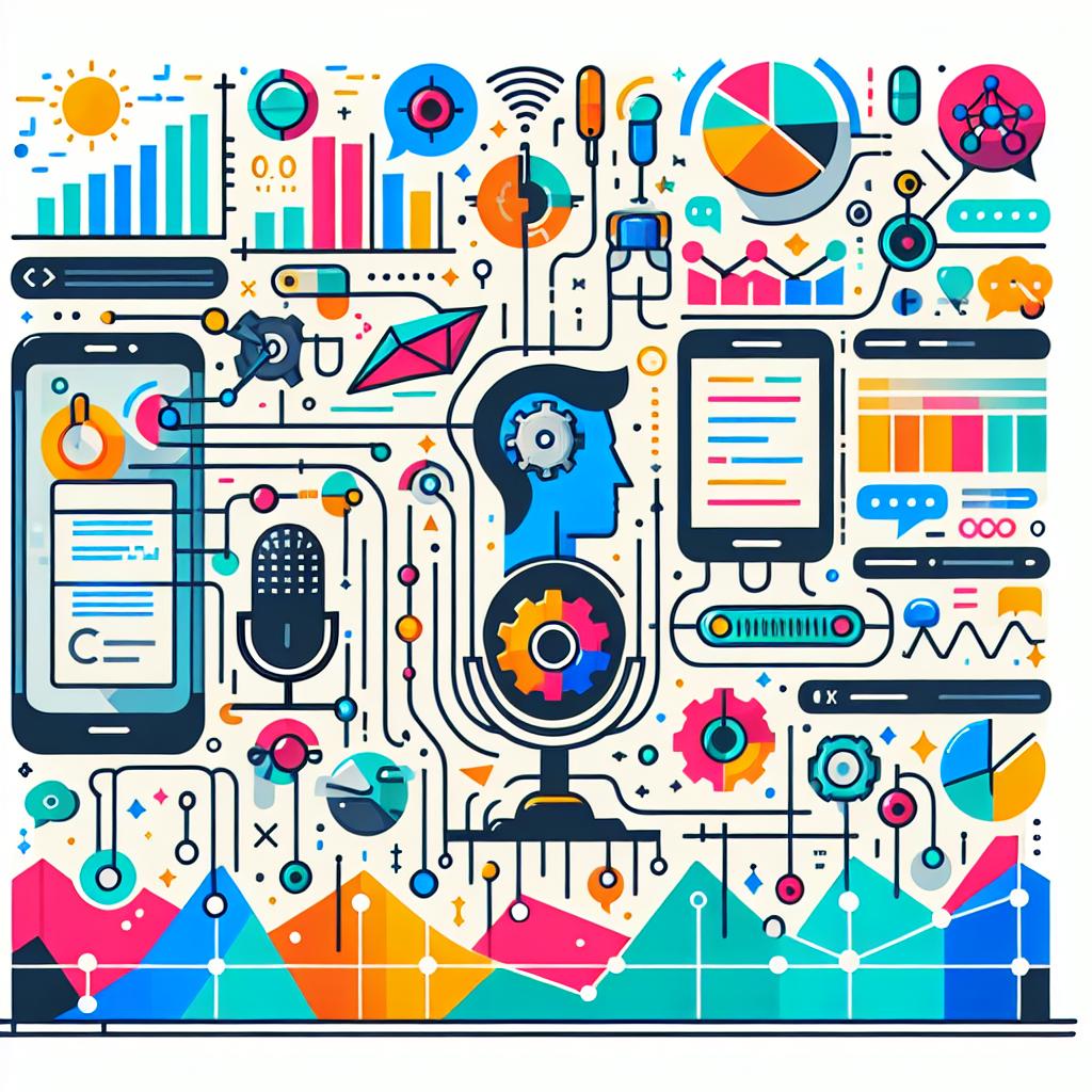 Create an image in a flat, 2D vectorial corporate style. The perspective should be linear. The composition should represent AI-powered voice-to-text transcription tools with both low-code and no-code options. Showcase various software interfaces for transcription, automation icons that symbolize ease of use, and data charts that represent effective information analysis. Use vibrant colors on the icons and charts to highlight innovation and technology against a plain white, textureless background.