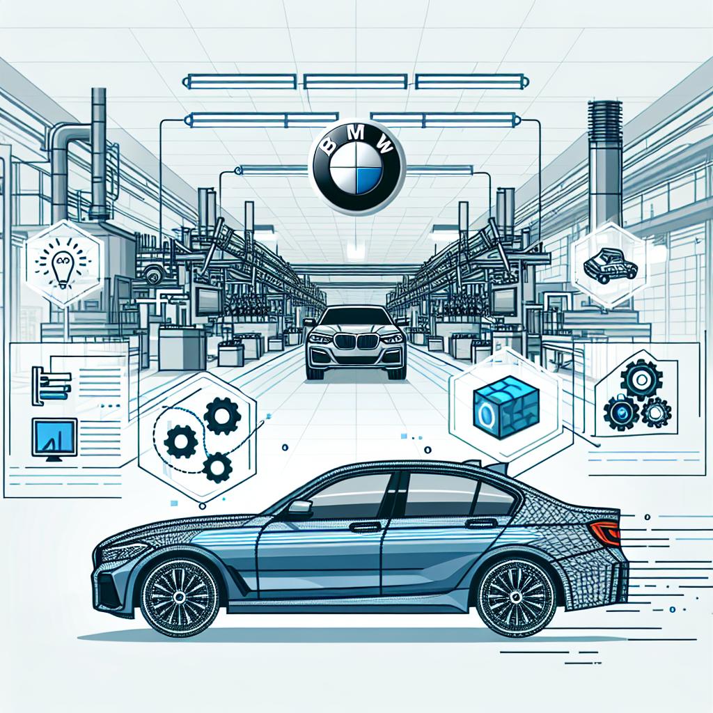 Illustrate an image in a corporate flat vector style showcasing a BMW car in a factory setting. The car should be 2D and linear, standing out as the final product of innovation. The background should be white and textureless, representing a modern factory atmosphere. Include additional elements such as 3D efficiency charts demonstrating process optimization and technology icons depicting the integration of digital tools—both contributing to creating an aura of technological advancement and efficiency in the automotive industry.