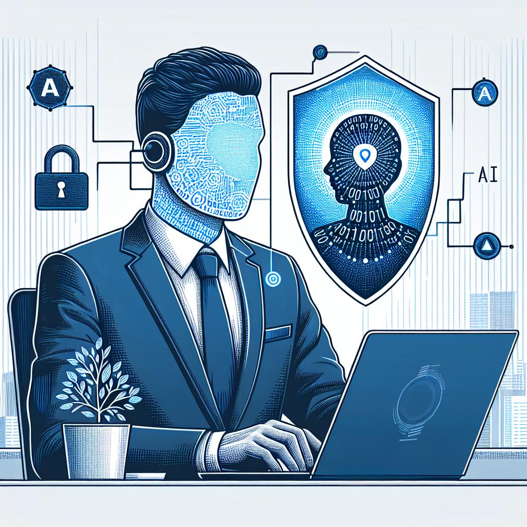 Create a detailed vector-style 2D illustration in a corporate style on a plain, white background. Illustrate an information security professional of Hispanic descent, engaged in using AI technology. The background should suggest a modern office setting to embody a corporate context. To represent technological innovation and security, incorporate elements such as blue light and a digital shield. Add binary codes to signify the essence of programming, and include growing charts to denote progress and modernization. Please note that this drawing should be flat and linear.