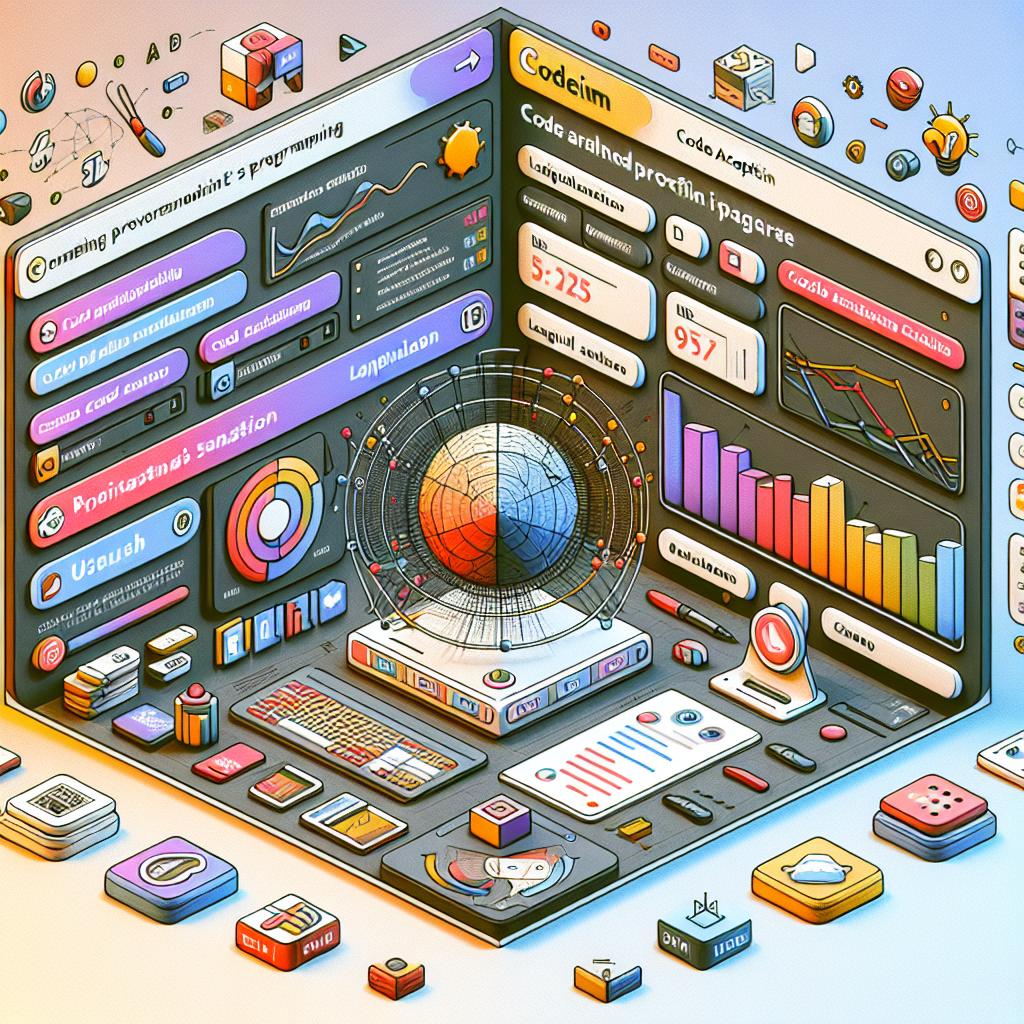 Imagine a 2D, linear perspective visual representation of an interactive Dashboard of a fictitious company named Codeium. The dashboard displays detailed user's programming statistics, including graphs on code acceptance, and language analysis, to signify its recently revamped profile page feature. Render this image in a flat, corporate, vectorial art style. The background of the image should be white and textureless. The additional elements to be incorporated are usage and code acceptance statistics charts, icons representing various supported programming languages, an interactive button symbolizing Discord call-to-action, and a colorful background using warm color palette to make the image attractive and dynamic.