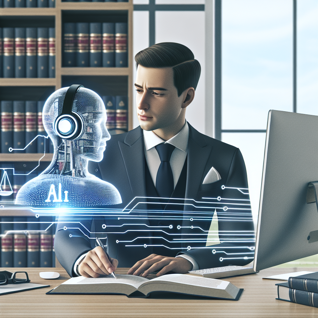 Depict an innovation in the legal profession with the inclusion of artificial intelligence. Envision an Argentine lawyer in a modern office environment, interacting with a computer that has the interface of a generic AI platform visible on the screen. The surrounding space should communicate professionalism and should include law books as a token of tradition and juridical knowledge. The lawyer should be depicted as focusing deeply, symbolizing commitment to service quality and efficiency. Also, artistically incorporate an AI logo as a nod to the newly formed partnership. The image should be rendered in a 2D, flat, corporate vector style, with a white, textureless background.