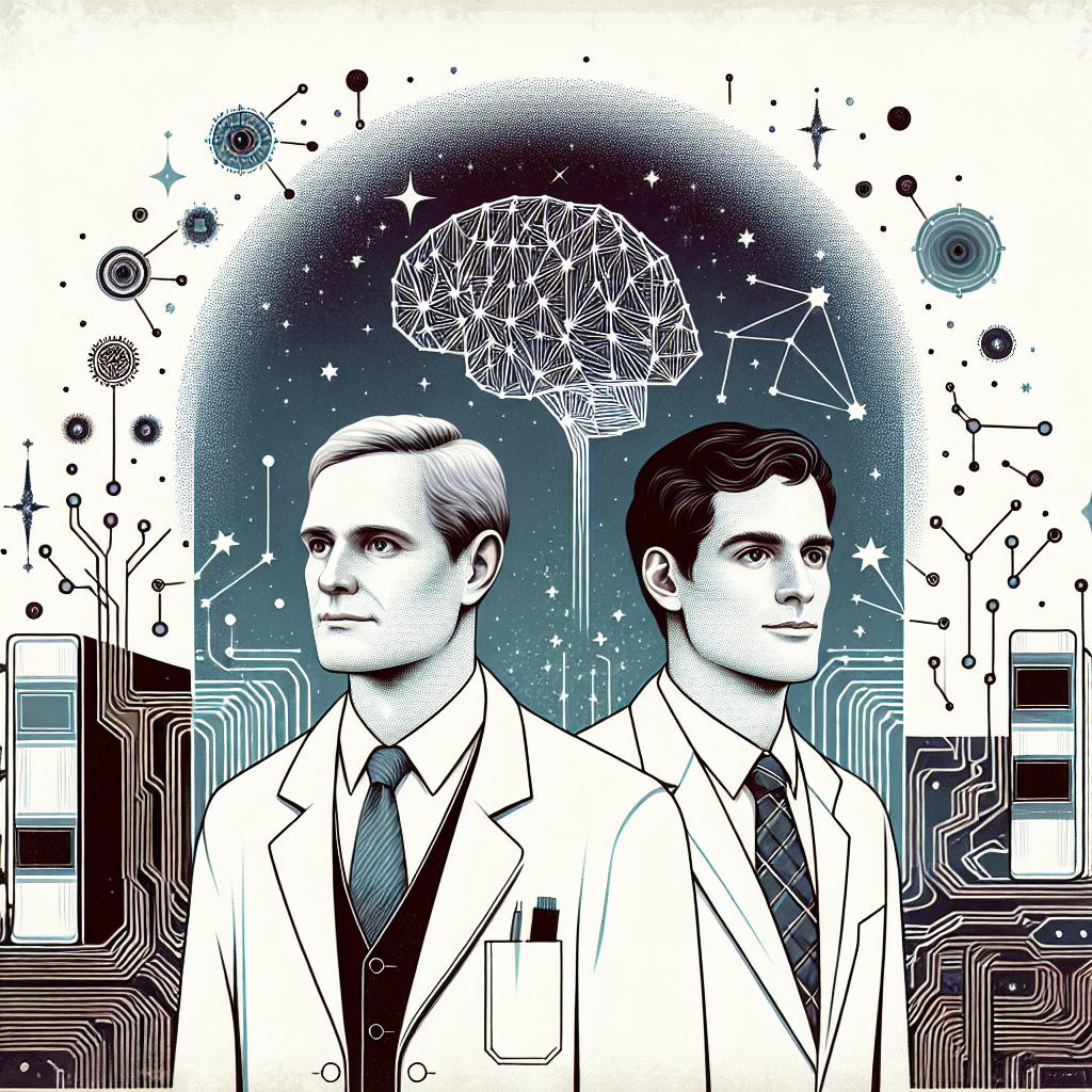 An image in a 2D, flat, corporate style showing two accomplished scientists, credited for their pioneering studies on neural networks, on a white, untextured background. The two men, one Caucasian and one Hispanic, are depicted in a modern style. The backdrop merges elements of physical science and artificial intelligence, indicating the intersection of these fields. These elements include a starry sky symbolizing aspiration and scientific advancement, electronic circuits mirroring the connection with artificial intelligence, and books and papers denoting research and accumulated knowledge.