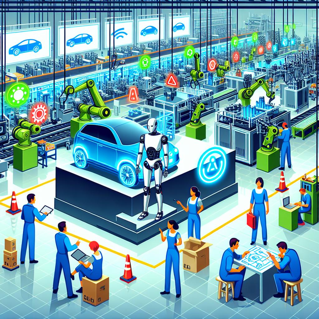 Create a 2D, vector style illustration. The setting is a modern, high-tech gallery packed with advanced machinery. In the fore, a humanoid robot amidst the assembly line devoted to producing electric vehicles. Bright, dynamic hues such as neon blues, acid greens, and radiant yellows subtly highlighting the theme of innovation and technology. A mixed group of human workers of various descents like Hispanic, Middle-Eastern, Black, and Caucasian are featured, indicating collaboration, diversity, and teamwork. They're all engaged in various tasks such as consulting blueprints, operating machines, and discussing strategies. Please do not insert any specific logos or trademarks, but generic symbols hinting at electric vehicles are fine. The backdrop should be plain, white, and without texture.