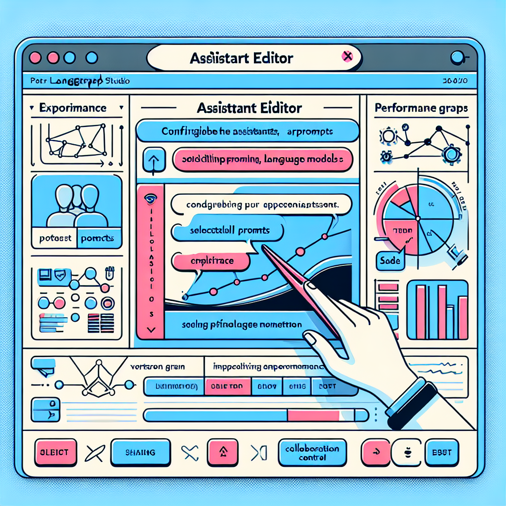 Illustrate a vector-style, flat, and corporate-themed image that showcases the Assistant Editor in the LangGraph Studio. This 2D, linear perspective image should feature a clean, white, textureless background with a visually appealing interface, demonstrating the tool's user-friendliness. Display options for configuring the assistants, adjusting prompts, and selecting language models. Incorporate performance graphs to symbolize experimentation and version control, and collaboration icons to spotlight the sharing capability. Vibrant colors should be used to command attention and reflect innovation. Lastly, include snippets of text to give context about the editor's functionalities.