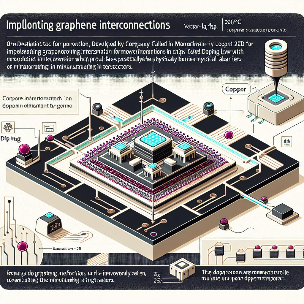 Illustrate a vector, flat, and corporate styled image on a white, textureless background with a 2D linear perspective. The image represents the innovative technique developed by a fictional company called Destination 2D for implementing graphene interconnections in chips, potentially revitalizing Moore's Law which faces physical barriers in miniaturizing transistors. The technical illustration should highlight the doping process and the structure of the transistors. Additional elements include presenting the graphene with an emphasis on its layered structure, showing the innovative deposition temperatures of 300°C, and depicting the doping effect by comparing copper and graphene.