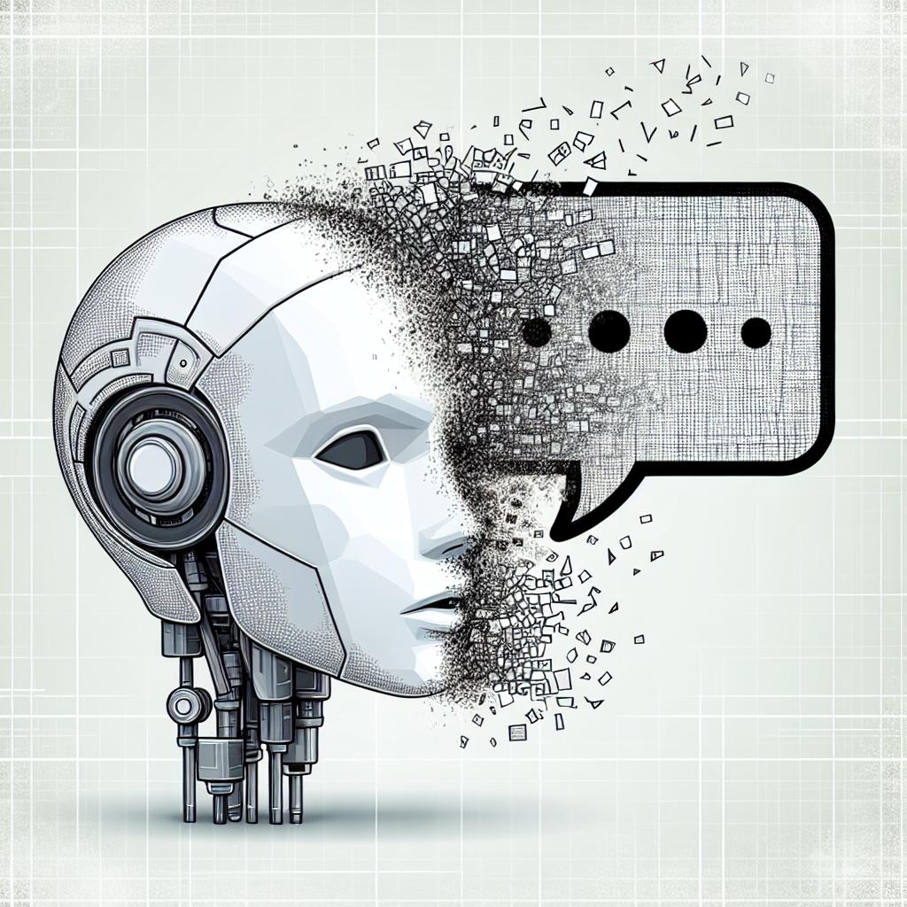 Create a 2D, linear perspective, corporate flat vector-style image on a white, texture-less background. The image illustrates the disintegration of confidence in AI chatbot responses. A robot's face, symbolic of Large Language Models (LLMs) like ChatGPT as conversational entities, is melting into a speech bubble, symbolizing communication with the user. It appears as though fragments of the robot's face are disintegrating, representing the loss of reliability. The background is abstract, hinting at a digital and technological environment.