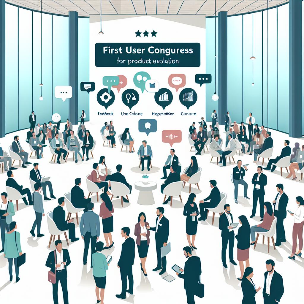 Imagine a large corporate event taking place in a well-lit, welcoming space, filled with the buzz of vibrant discussions. Visually represent the first user congress held by a fictional tech company, where the company has assembled a thousand users in a Feedback Corner. The scene captures the essence of face-to-face feedback for product evolution, with people of various descents and genders interacting and exchanging ideas. In this flat, vectorial, 2D, corporate style depiction, the background is untextured white. Visual elements include people in conversation, symbolizing idea exchange and connectivity; visible technology like notebooks and tablets expressing modern tool usage; and graphic elements such as speech balloons, underscoring the importance of communication.