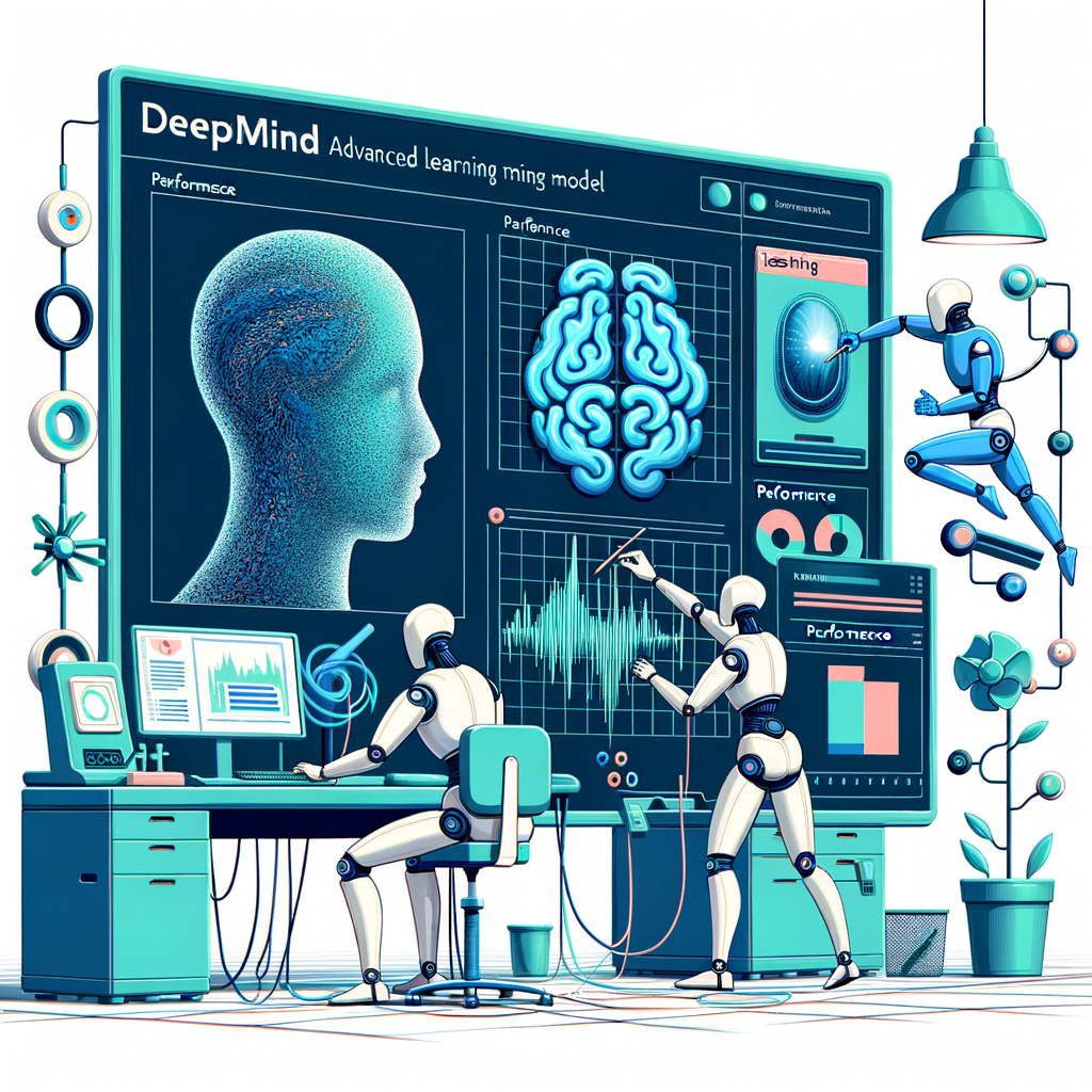 Create a 2D, flat corporate style vector image on a plain white background. The image illustrates the DeepMind's advanced learning model, named 'PLATO'. This model should be visually represented interacting with various objects in motion, embodying physical concepts. These objects are set in a synthetic testing environment that is used for training 'PLATO'. Performance graphs are included in the image to display 'PLATO's test results. Paint this scene with a soft, technological color palette featuring shades of blue and green.