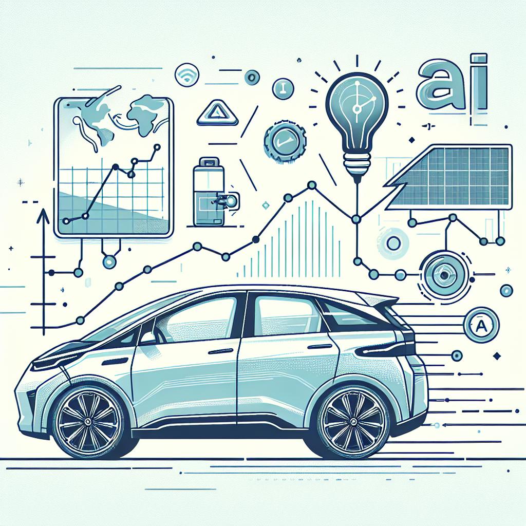 Craft an illustration that symbolizes the technological transformation in the auto industry, with a focus on AI. The image should incorporate a modern electric vehicle, representing innovation and sustainability, and data charts symbolizing the integration of AI into processes. Include a logo to represent a generic automobile company responsible for this transformation, avoiding specific logos. The style should be vector-based, flat, and corporate. The image should have a 2D, linear perspective on a clean, texture-less, white background.