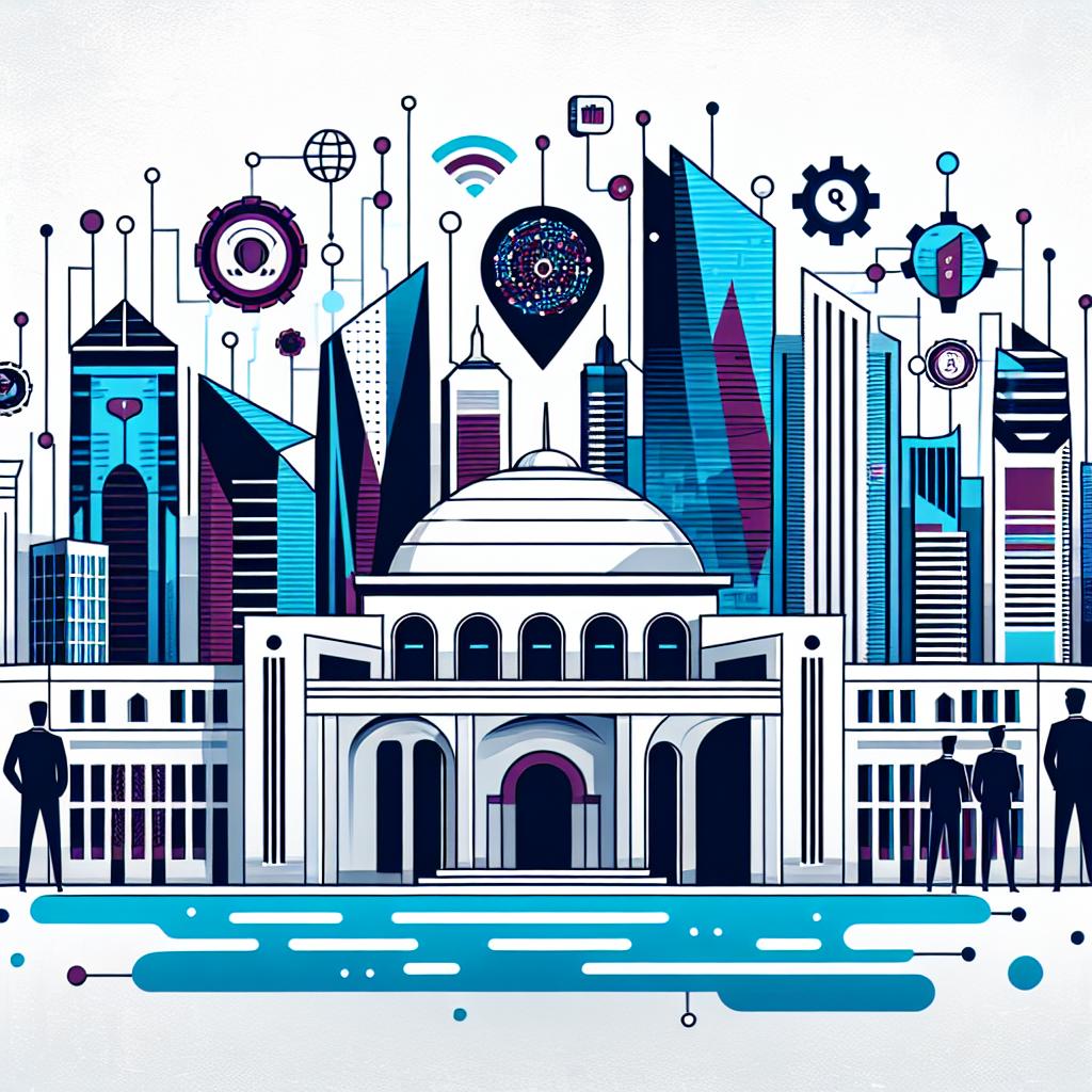 Create a 2D, linear perspective image in a vector, flat, corporate style. The background is white and textureless. The picture represents the collaboration between the public sector and emerging technologies in Qatar. Major elements should include governmental buildings that represent public administration, AI icons symbolizing technology and innovation. Use modern colors that reflect the modernity and future. All elements should denote a sense of modernization and efficiency, aligning with Qatar's national development strategy and the Digital Agenda 2030.
