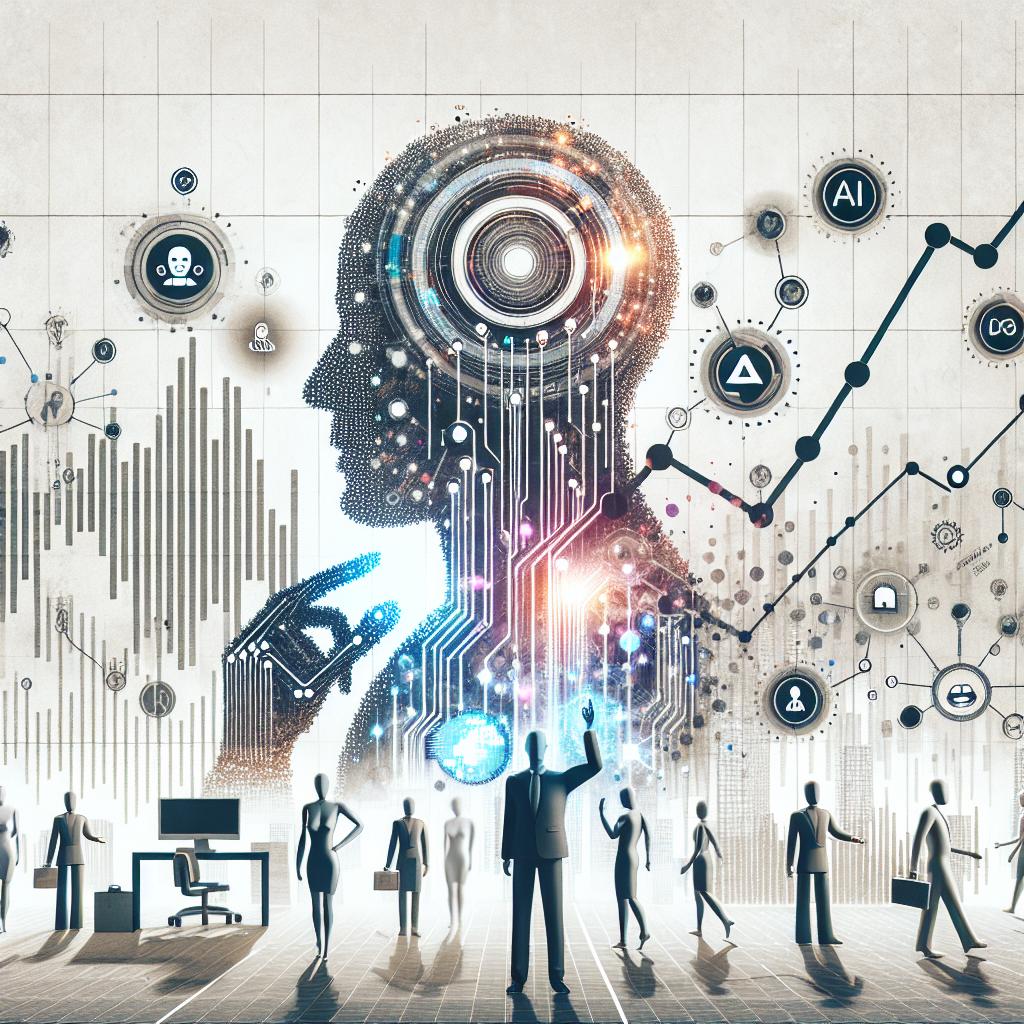 Create an image with a 2D, linear perspective, keeping the style flat and corporate. In a textureless white background, illustrate the modern transformation of a fictional company with digital interactions between humans and AI agents. Also, include additional elements such as growth charts symbolizing the surge in the fictional company's stocks, and images of human-computer interaction symbolizing the workings of the AI program. Add elements of a digital environment to underscore the themes of technology and innovation.