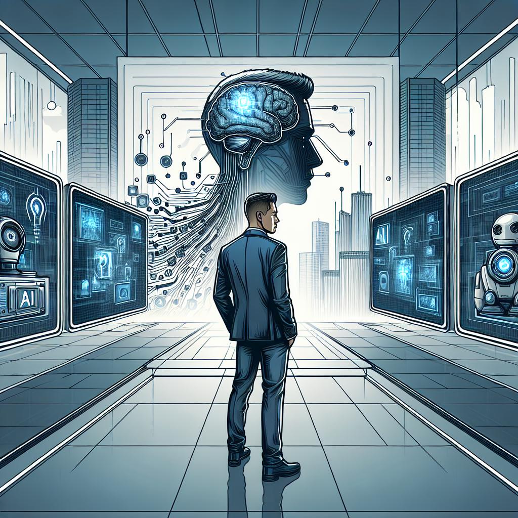 An illustration in the corporate, vector and flat style, set in a 2D, linear perspective. The main figure, who is a determined CEO of a leading AI company, is placed in a modern office setting. Spread behind him are projection screens displaying the progression of AI technology. The scene aims to depict the tension of innovation in Artificial Intelligence and media communication. The environment is soaked in technological colors, with hues of blue and silver symbolizing tech advancements. The backdrop of the image remains a textureless white.