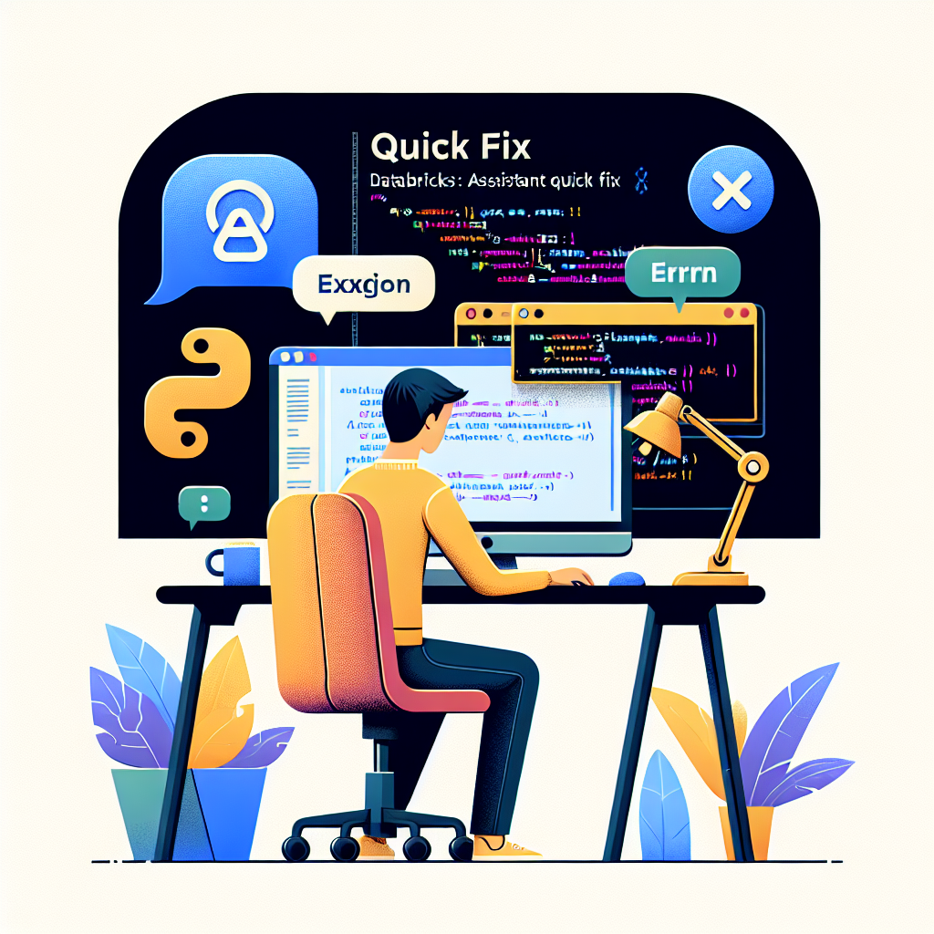 Generate a 2D, vector-style image in corporate, flat design on a white, textureless background. Illustrate a developer who is focused on his/her computer in a modern workspace, interacting with the Databricks Assistant Quick Fix. Show the developer's SQL and Python code interface, alongside the assistant's suggestions for fixes appearing on a side panel. Use vibrant colors to attract the viewer's attention and reflect a dynamic environment. Include error and correction icons to symbolize the types of problems that the assistant addresses. This launch was announced by Databricks on September 19, 2024, with the aim to automatically fix common coding errors and simplify the debugging process for developers.