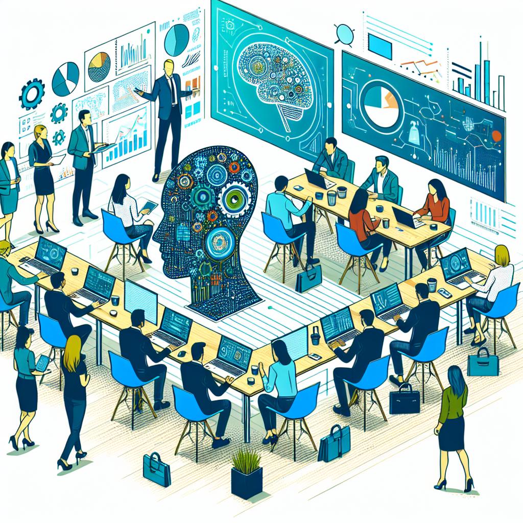 Please generate a 2D, linear perspective image with a flat, corporate, vector style. Picture a modern workplace set against a texture-free white background to symbolize innovation. Imagine a diversity of people such as Caucasian, South Asian, and Hispanic men and women, collaborating and interacting on artificial intelligence projects. The scene also includes elements such as laptops and digital graphs, signifying the use of technology. A presentation screen denotes the communication of ideas. Vibrant colors like blue and green should be used to convey technology and progress.