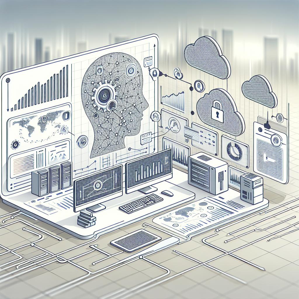 Create a futuristic scene illustrating the integration of AI systems and data analysis in a corporate setting. Capture the essence of the collaboration between two tech companies, 'Company A' and 'Company B'. Use a vector, flat, corporate style. Have a white, texture-less background with a 2D, linear perspective. Include computers to represent the advanced technology used in predictive modelling. Display graphs representing predictive analysis and insights, as well as digital clouds to symbolize 'Company B''s cloud computing. Include a padlock to represent data security. Finally, draw arrows indicating progress to show agility in decision-making.