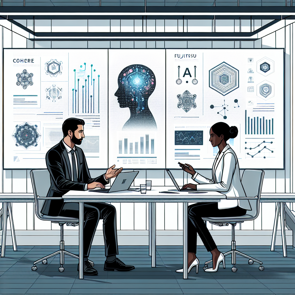 Create a 2D, linear perspective image in a corporate, flat, vector style. Set in a modern conference room, painted in white and without any texture, depict two technology professionals engaged in a discussion over a laptop. Show them analyzing graphs and data related to Artificial Intelligence (AI). One is representative of Cohere: a Middle-Eastern male, and the other is for Fujitsu: a black female. In the background, showcase a screen displaying both of the company's logos, accompanied by visual elements symbolizing AI, such as digital data and circuit patterns.