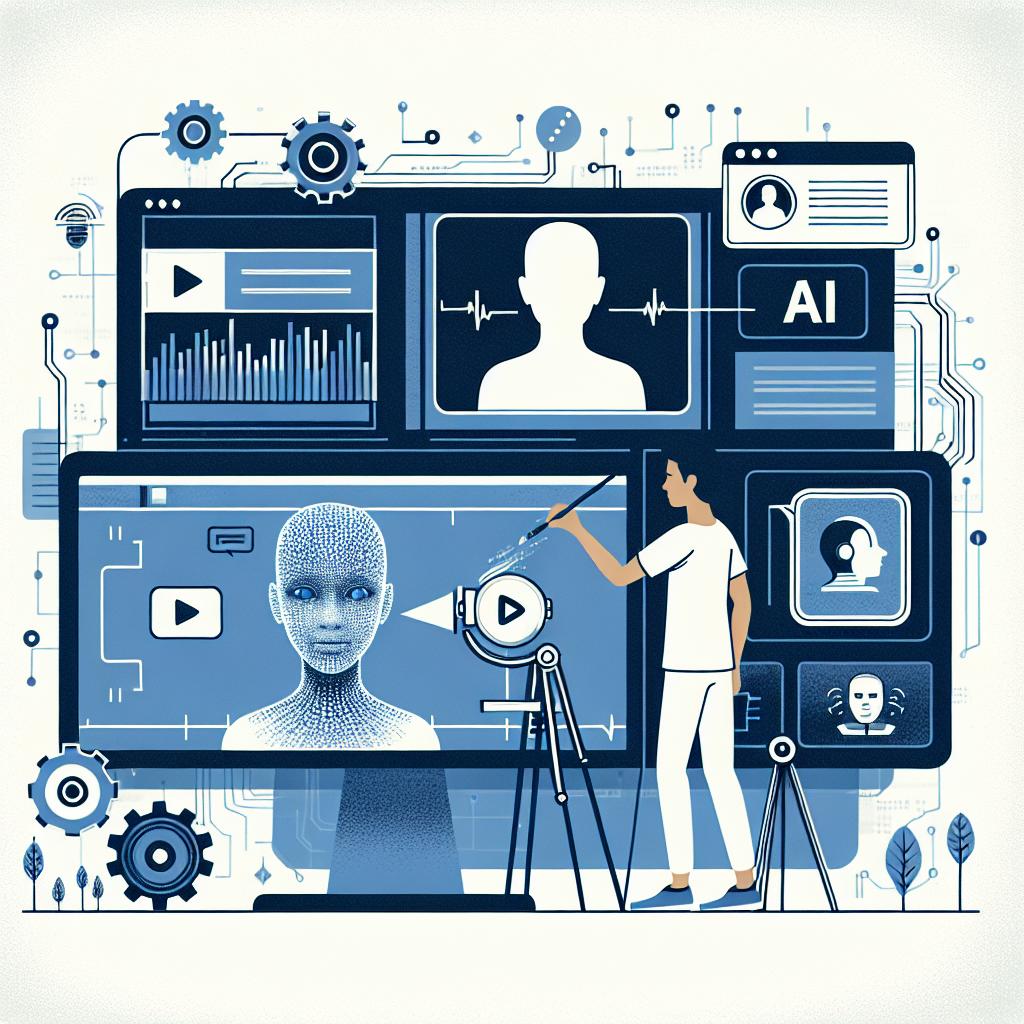 Illustrate in a 2D, flat, corporate and vector style, a scenario depicting a user interacting with a digital video generator interface in a digital landscape. The user is creating a video using a digital avatar. The avatar encapsulates the application of AI in narration. The interface of the program symbolizes the ease of usage of the tool. Elements like computer chips can be incorporated in the background to represent artificial intelligence. The entire image is set in a modern digital environment suggesting innovation and modernity. The image is on a white, untextured backdrop.