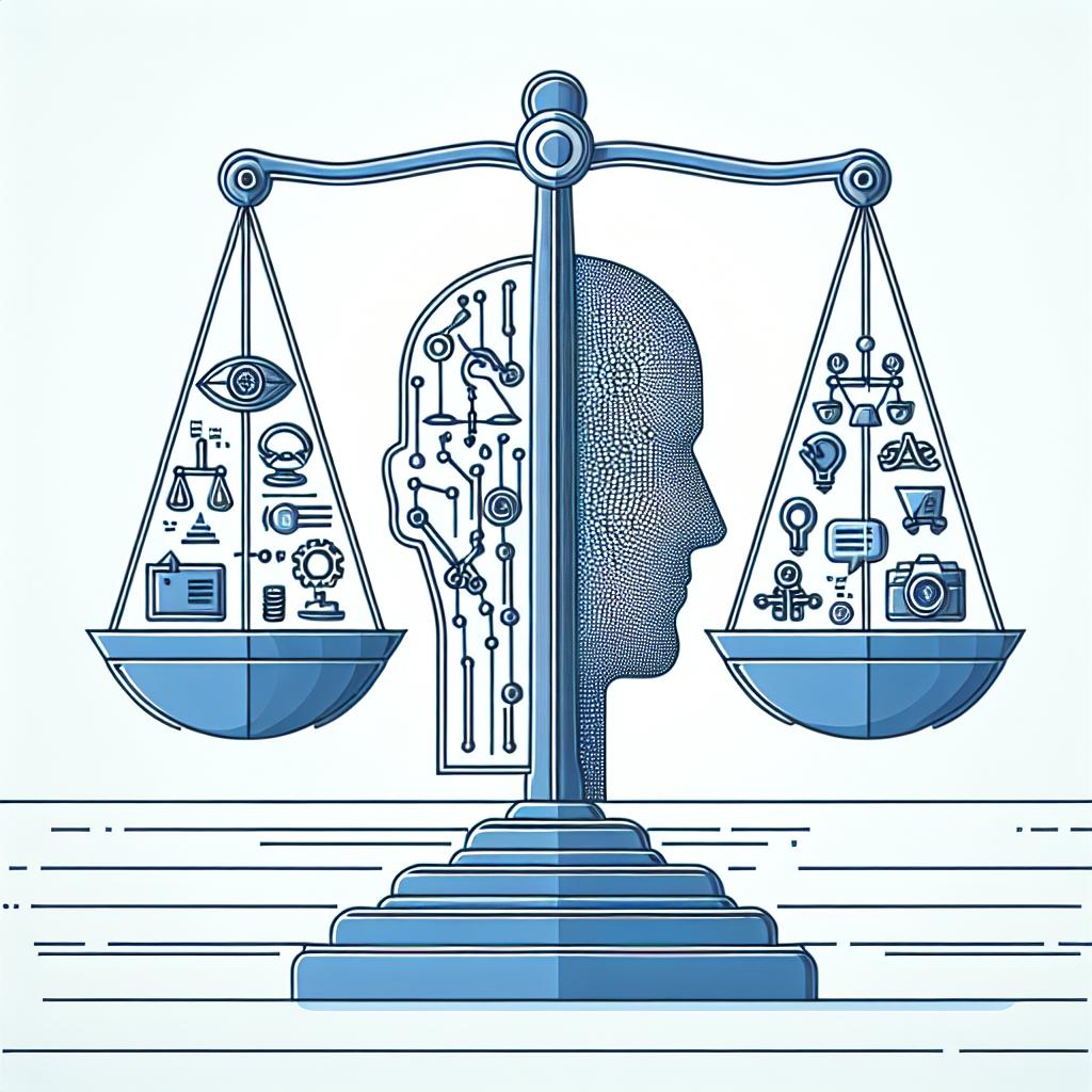 Create a 2D linear perspective image in a vector-style corporate design. The setting should be a white, non-textured background symbolizing a hopeful, positive future. In the foreground is the main element of the composition: a balanced scale. On one side of the scale, include ethically themed icons to stand for the call for responsibility in technology. On the other side of the scale, present artificial intelligence-themed icons to symbolize the technology under discussion. Together, they represent the necessary equilibrium between skepticism and trust in AI technology. This design should depict the concept of weighing the ethics of AI against its technological capacity and potential.