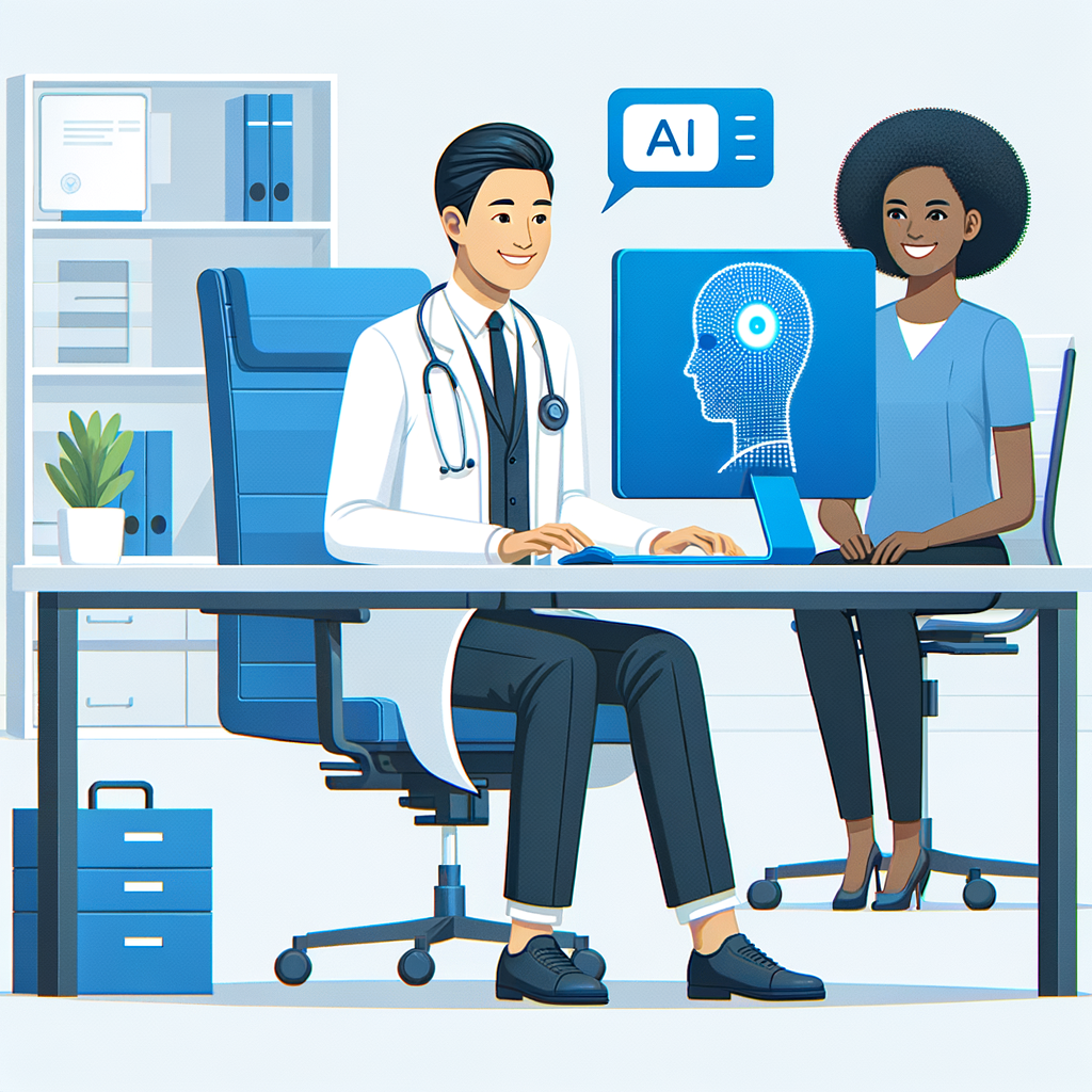 Illustrate a 2D linear perspective of an office-like scenario, in a flat and corporate style, using the colors blue and white. An Asian male doctor is operating a computer that displays an AI interface to symbolize the transformation of clinical documentation. In the background, a Black female patient is smiling, indicating an improved patient experience. The modern office environment testifies to the integration of technology into medical practice. All these are set on a plain white background.