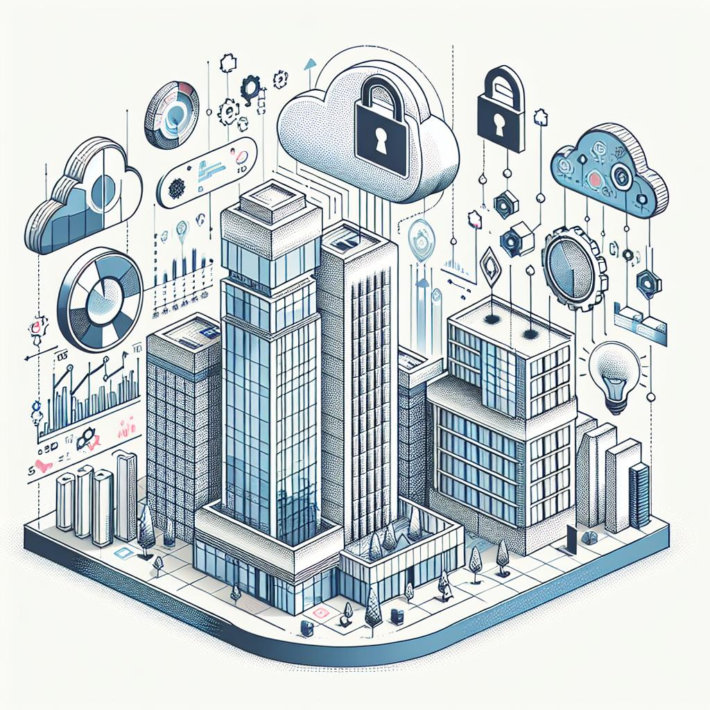 Create a 2D, linear, flat style vector image set against a white, texture-less background. Picture a modern financial institution integrated into a digital environment with graphics representing data and security. Ensure that there are elements that symbolize technology and innovation, such as cloud data and padlocks. Specifically include elements such as: Charts, symbolizing data analysis; Padlocks, symbolizing data security; Clouds, representing hybrid infrastructure; Modern buildings, symbolizing futuristic financial institutions. Take corporate aesthetics into consideration while composing the image.
