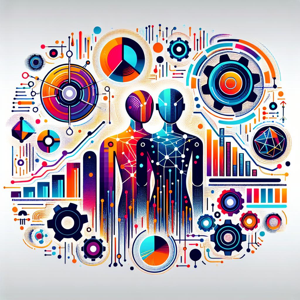 Generate an image of a modern and dynamic illustration representing collaboration through artificial intelligence. Use a vibrant, corporate color palette that symbolizes innovation and technology. Include icons that highlight the concept of teamwork through AI, such as two humanoid robots working together, or symbolic objects like cogs or circuit board patterns. Also incorporate growing graphs into the image, as they symbolize the successful and promising future of the platform.You.com. Keep the artwork in a 2D, linear perspective and the background white and textureless. Style: Flat, Vector Art.
