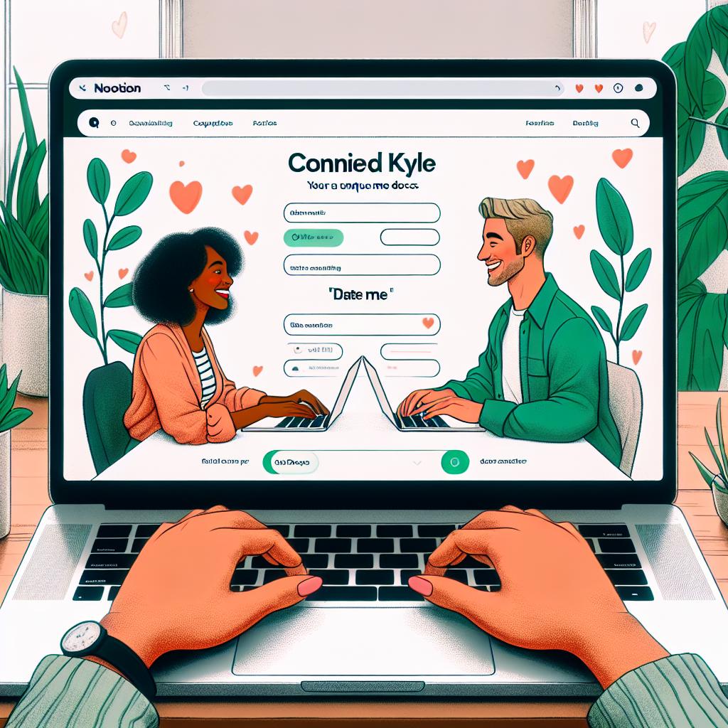 A picture illustrating Connie and Kyle, two singles of diverse descent looking for love in San Francisco, find a unique connection through their 'date-me docs' on a laptop. Both individuals are joyfully engaged in creating their documents. The environment is relaxed, filled with lush green plants and soft lighting, symbolizing a creative and welcoming space. The image is in a flat, corporate style, with a white and texture-free background. Notion’s interface is visible on the laptop screen, underlining the essential tool in their love story. The illustration is 2D, linear, and vectorial.