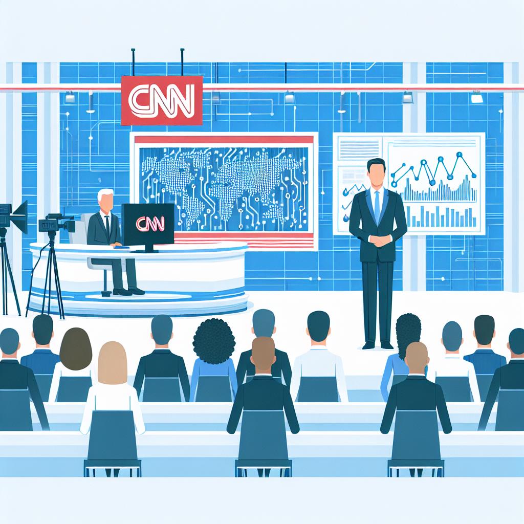 Create an image in a flat, corporate vector style. The image should be 2D with a linear perspective on a white, texture-less background. The focus of the image should be an unnamed CEO discussing the relationship between Artificial Intelligence and the job market on a videocast. A studio scenery should represent the professional environment. Include a logo of a generic news network to emphasize the source's credibility, but without directly referencing CNN. There should also be a computer displaying charts and graphs to symbolize technology and AI. Finally, depict an engaged audience of various descents and genders watching the videocast.