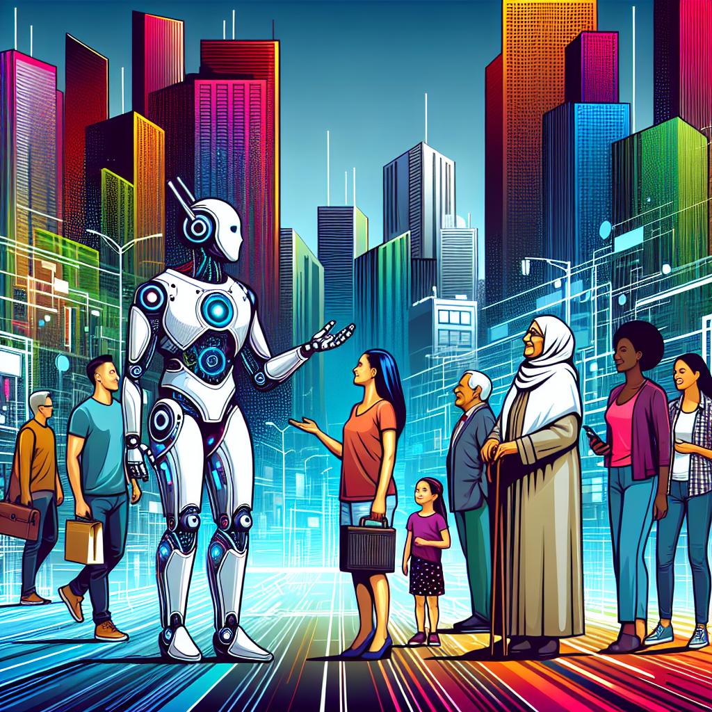 A striking 2D, flat, corporate-style vector image, viewed from a linear perspective, depicting a futuristic, attractive, and friendly robot engaging with a heterogeneous group of individuals in an urban setting. These individuals, expressing curiosity and engagement, show the diversity of our society – including a South Asian male, a Caucasian female, a Middle-Eastern elderly woman, and a young Black teenager. Their interactions occur in a cityscape full of sharp, modern buildings, with hints of advanced technology like mobile devices and digital screens seamlessly integrating into the background. The whole image is drenched in vibrant colors that convey a sense of optimism and anticipation of the future.