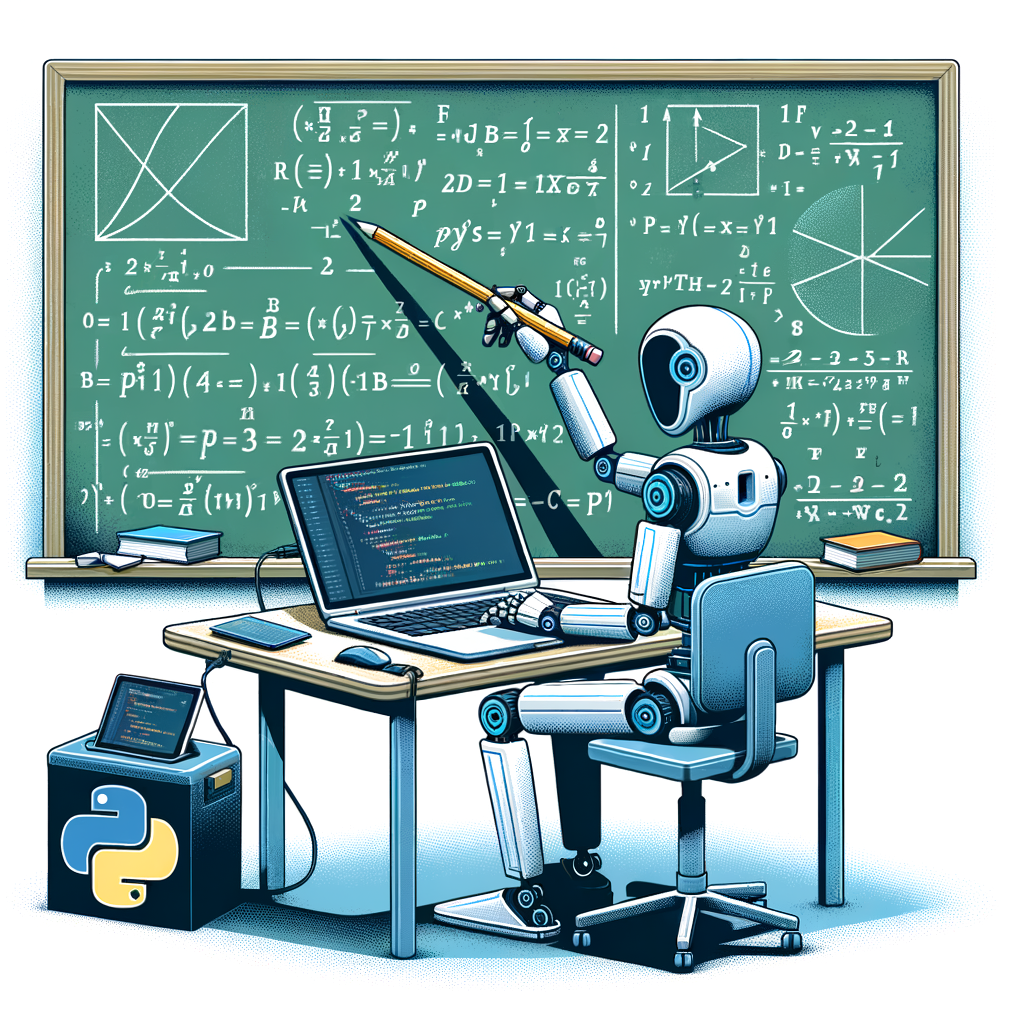Illustration in a flat, vector, corporate style showing the NuminaMath 7B TIR model in action. The 2D, linear perspective image, set against a white, textureless background, features a chalkboard with complex mathematical equations at the back. Central in the image is a robot skillfully holding a pencil in one hand, and a laptop in the other. On the laptop screen, Python code is being executed. Floating at the top of the image, is the logo for NuminaMath 7B TIR. The color palette includes hues of blue, green, and white, echoing the themes of technology and innovation.