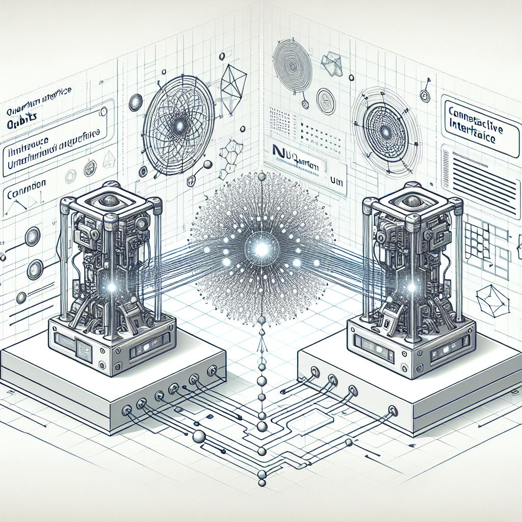 A detailed, 2D, linear perspective, flat vector-style corporate image on a white, textureless background. The main scene features two quantum machines, symbolizing the new interface from Nu Quantum. These machines illustrate connection and interactivity of qubits. Connecting the machines are photons, depicted as lines of light. Additional elements include a technological background display with various graphical elements that highlight modernity and innovation.