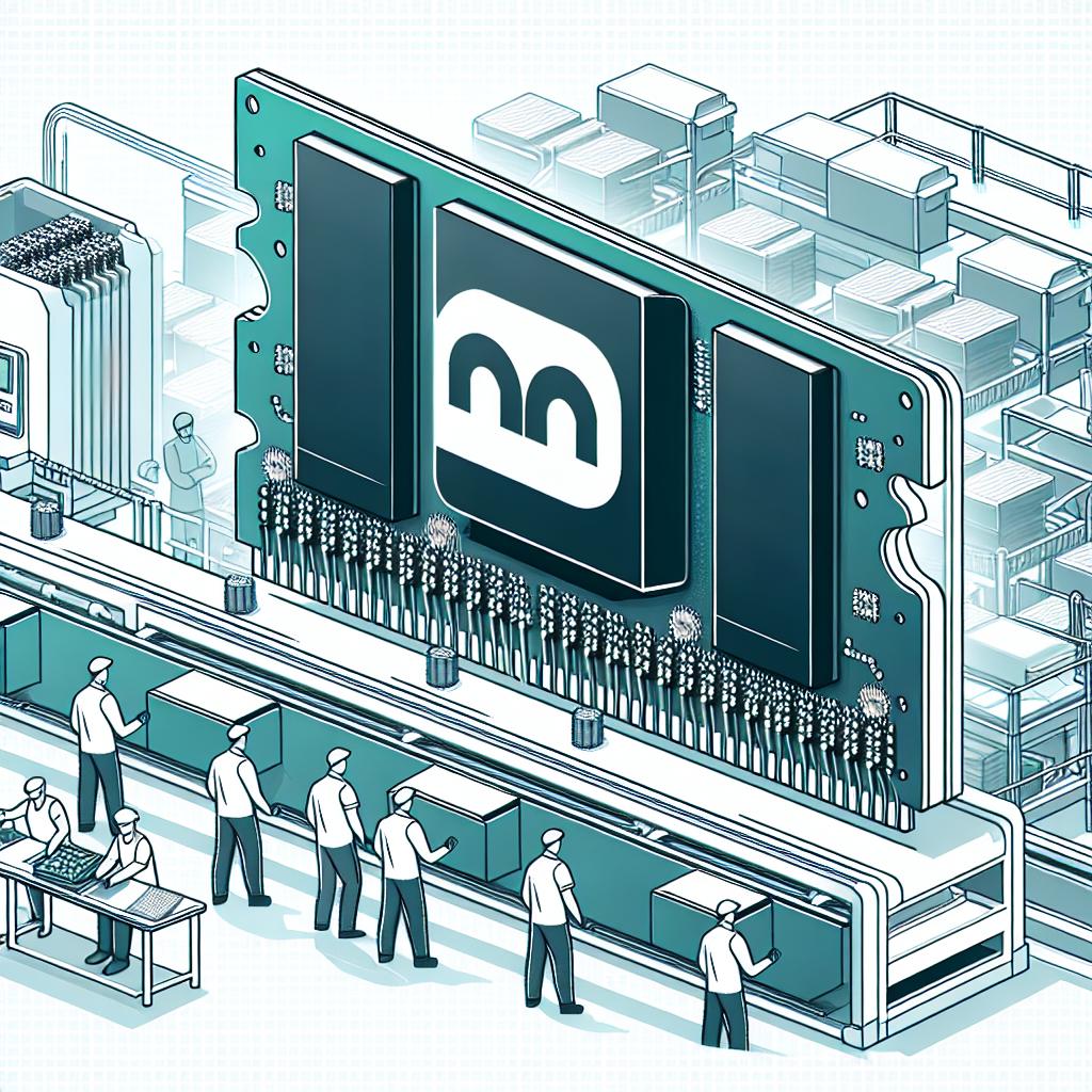 Envision a 2D linear image drawn in a vector style, with a professional, corporate feel. The scene is set in a high-tech environment with a white, textureless background. It highlights the advanced technology of Micron with depictions of DDR5 memory chips, indicating their manufacture of high-quality products suitable for AI processing. The memory chips are seen on a production line, alluding to Micron's manufacturing capabilities. There are also a few people of various descents and genders working on the assembly line, highlighting the vital role of human elements in technology.