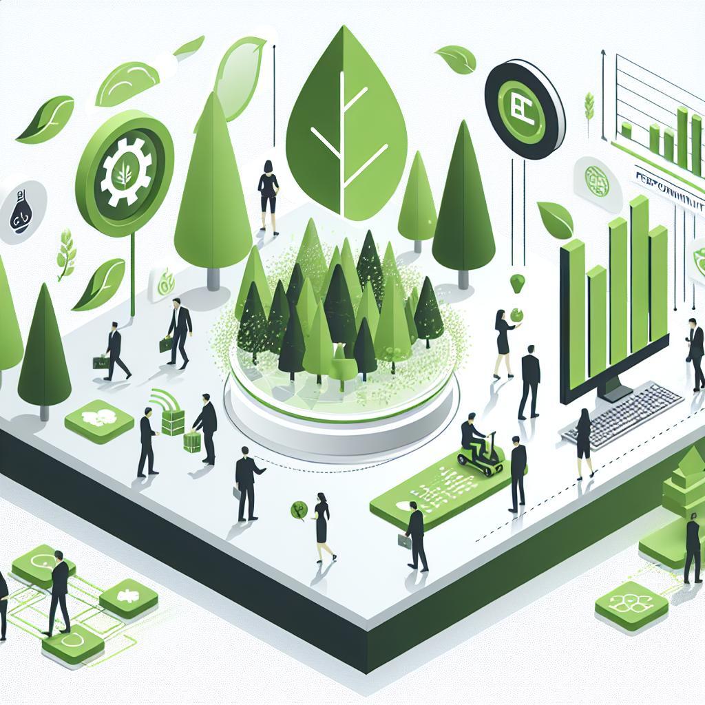 Create a vector-style, corporate 2D image set on a white, texture-less background. The image should highlight sustainable technology, specifically the development of energy-efficient artificial intelligence models to tackle critical climate issues. Depict a diverse group of individuals interacting with this technology, symbolizing the union between innovation and responsibility. Include green leaf icons to represent sustainability and eco-initiatives, as well as performance graphs to illustrate energy efficiency measurements. Additionally, include a forest scenario to provide the context for applying AI models targeting environmental preservation.