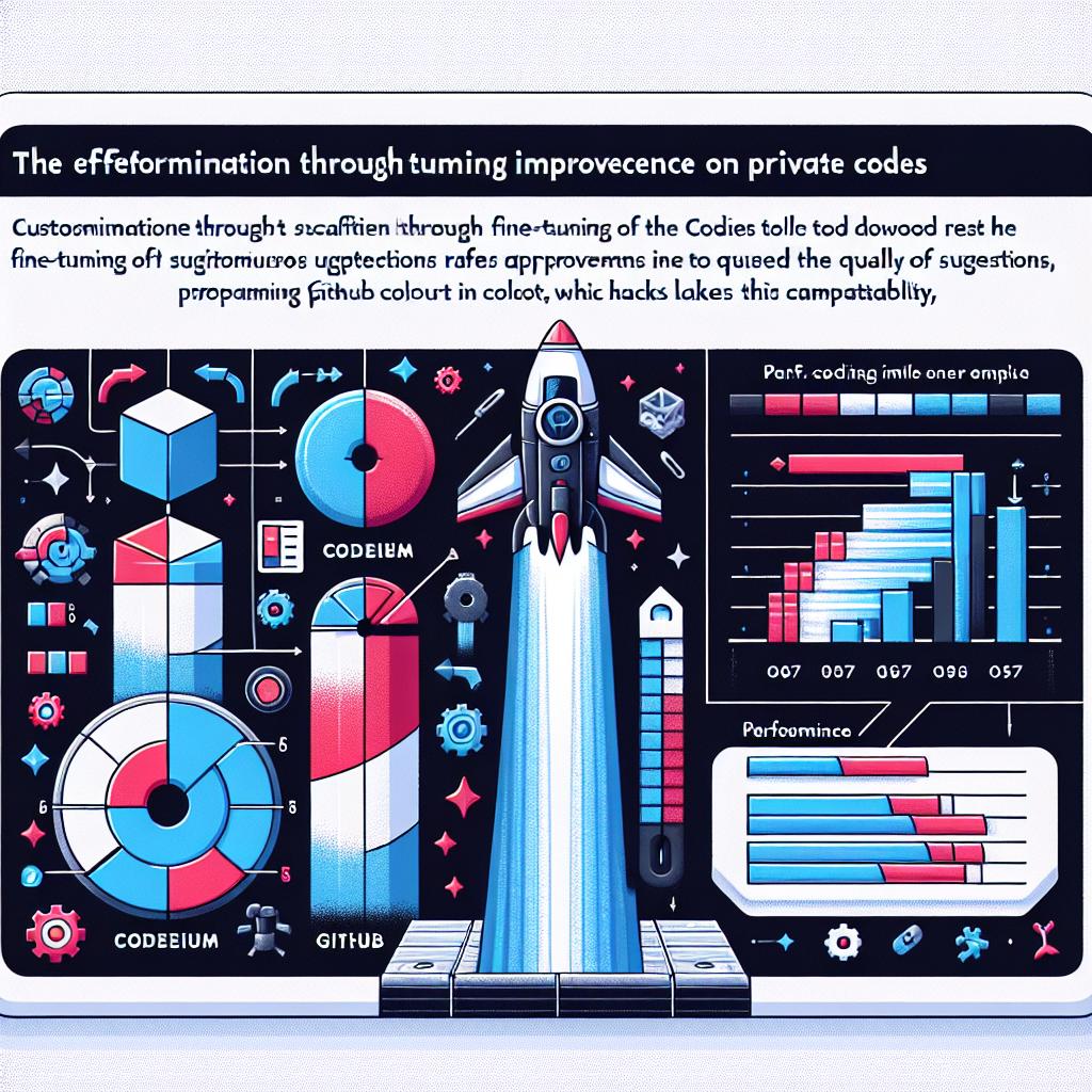 A recent study demonstrating that customization through fine-tuning of the Codeium tool on private codes results in significant improvements in the quality of suggestions, surpassing the widely used GitHub Copilot, which lacks this adaptability. A visual comparison showing the effectiveness of Codeium in relation to GitHub Copilot in the context of programming. The design should be in a vectorial, flat, and corporate style on a plain, texture-less white background. The perspective should be 2D, linear, and include additional elements such as performance charts to illustrate the comparative results, coding tool icons to emphasize the technology involved, and distinct colors for each tool to enhance visualization and comparison.