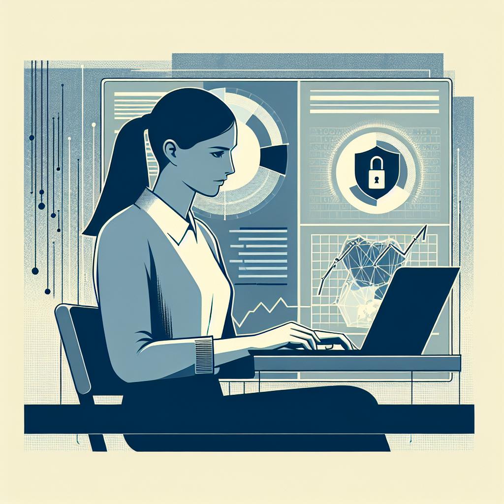 Create a flat, corporate-style vector illustration set on a white, textureless backdrop. The image should depict a security chart that visually represents data and vulnerabilities in artificial intelligence (AI). Provide a 2D, linear perspective view of an ethical hacker, representing a Hispanic woman, working on her laptop. Use a subdued color palette to convey the gravity and urgency of the subject. The background should have subtle technological patterns to contextualize the tech-savvy environment.