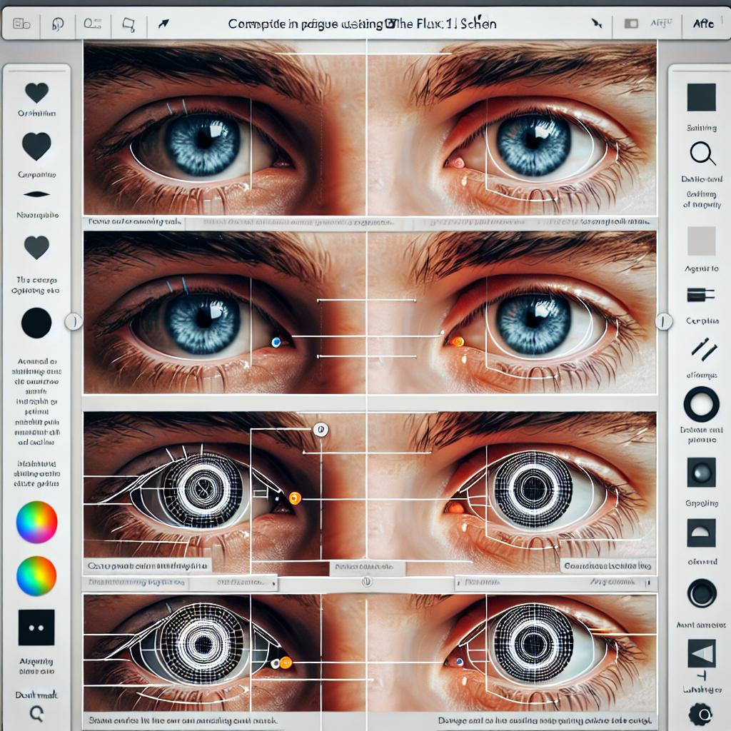 Create a 2D, linear perspective image using a vector, flat, and corporate style, set on a white, textureless background. The image should depict a close-up of a Caucasian person's eyes, the subject of an article on image manipulation using the Flux.1 schnell app, as it is unveiled on November 22, 2024. The editing process highlights techniques of inpainting to complete missing irises and to change colors, demonstrated through a donut mask. Display the eyes in two stages: the original state, and the edited state with noticeable changes in color and iris position. The background should be blurred to highlight the editing details. Include landmarks or arrows indicating the altered areas in the image, alongside brief text explaining the editing technique to instruct the viewer quickly.