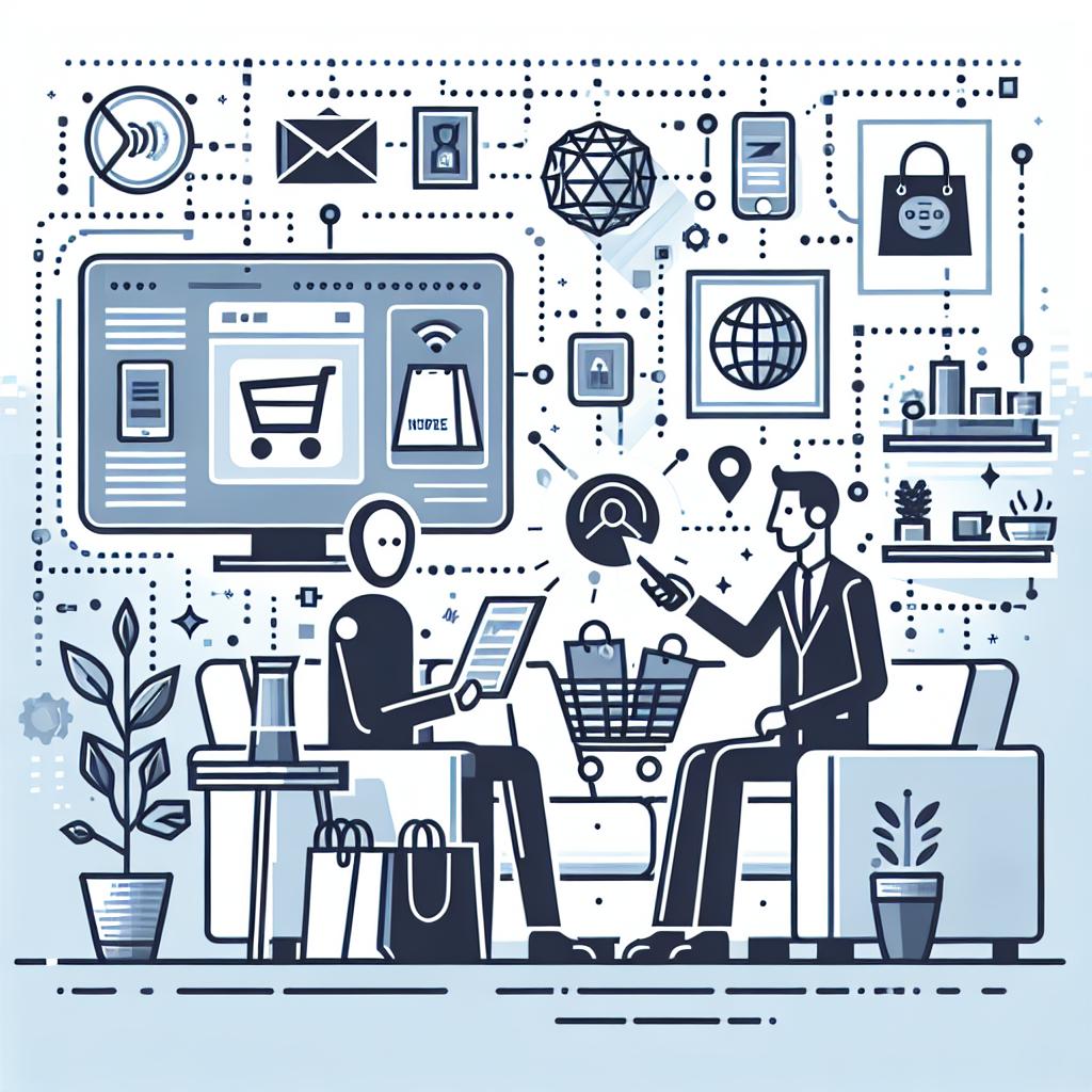 Generate a corporate-style, vector, flat image set in a 2D linear perspective. The background should be plain and white, devoid of any textures. The image needs to depict a scene at home, symbolizing comfort and convenience with technology. Highlight the interaction of a user (could be of any gender or race) with a digital device, signifying contemporary technology. Showcase the user indulging in online shopping with the help of a virtual assistant, denoting Artificial Intelligence in action. Furthermore, integrate shopping icons, which signify e-commerce and the digital transformation in shopping.