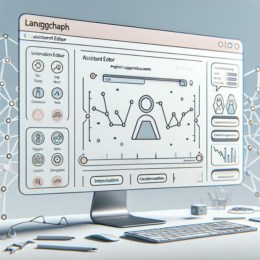 Create a 2D, linear perspective image illustrating the interface of the 'Assistant Editor' in LangGraph Studio, announced by LangChain on September 25, 2024. The software allows for intuitive setup and customization of LLM-supported agents, suitable for both developers and non-technical users. The image should be in a corporate, flat, vector style with a white, textureless background. Soft colors should be used to convey accessibility and ease-of-use. Interaction icons representing the functionalities of the Assistant Editor should be included. In addition, a background graph signifies the adaptability of the assistants in configuring various parameters.