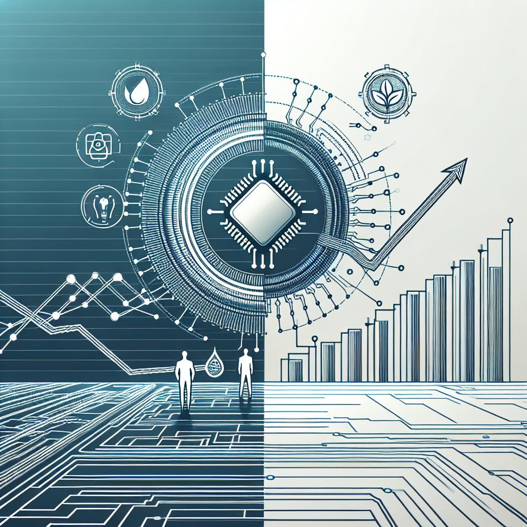 Create a vector-style, corporate image in a flat, 2D, linear perspective. The background of the image should be plain white and textureless. Emphasize a symbolic collaboration between two tech companies, represented by two unbranded logos. Incorporate thriving line graphs to visually represent the surge in a particular tech company's stocks. Include a futuristic scenery that symbolizes innovations in the chip sector.